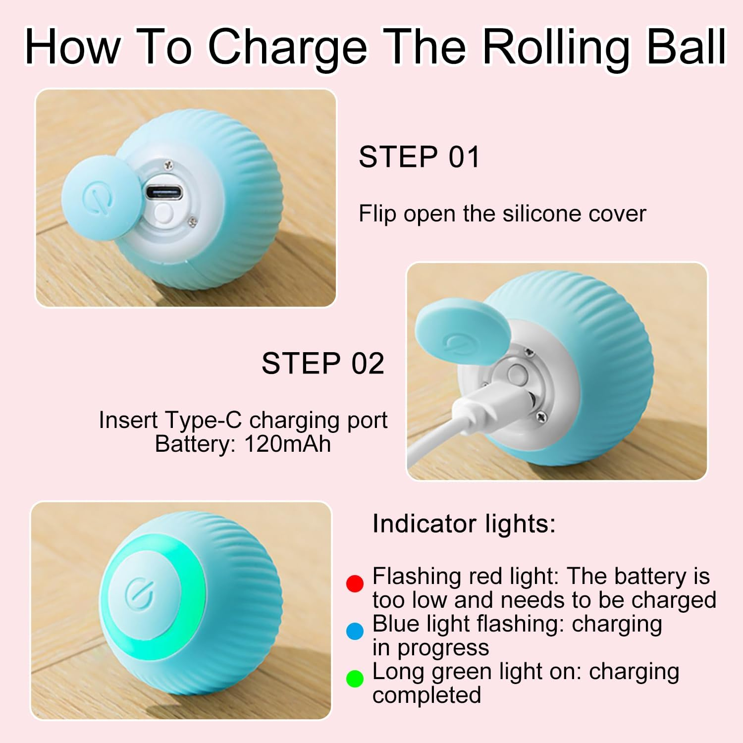 NXPUXP Cat Toy Electric Cat Ball, Cat Ball with LED Light, 360 Degree Rolling Ball, Interactive Cat Toy, Rechargeable Interactive Ball (Blue) image number 1