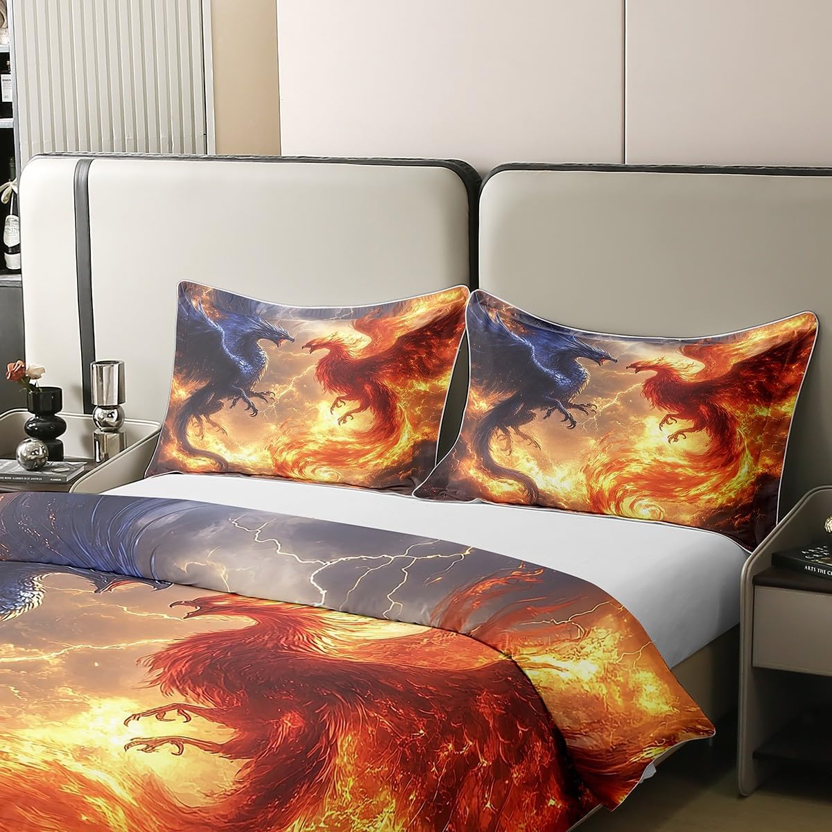 Fantasy Dragon 100% Cotton Bed Linen Set, Oil Painting Phoenix Duvet Cover 135 X 200 Cm for Children, Teens, Adults, Couple Lovers Bed Set, Lightening Dragon Duvet Cover with 1 Pillowcase for Bedroom image number 3
