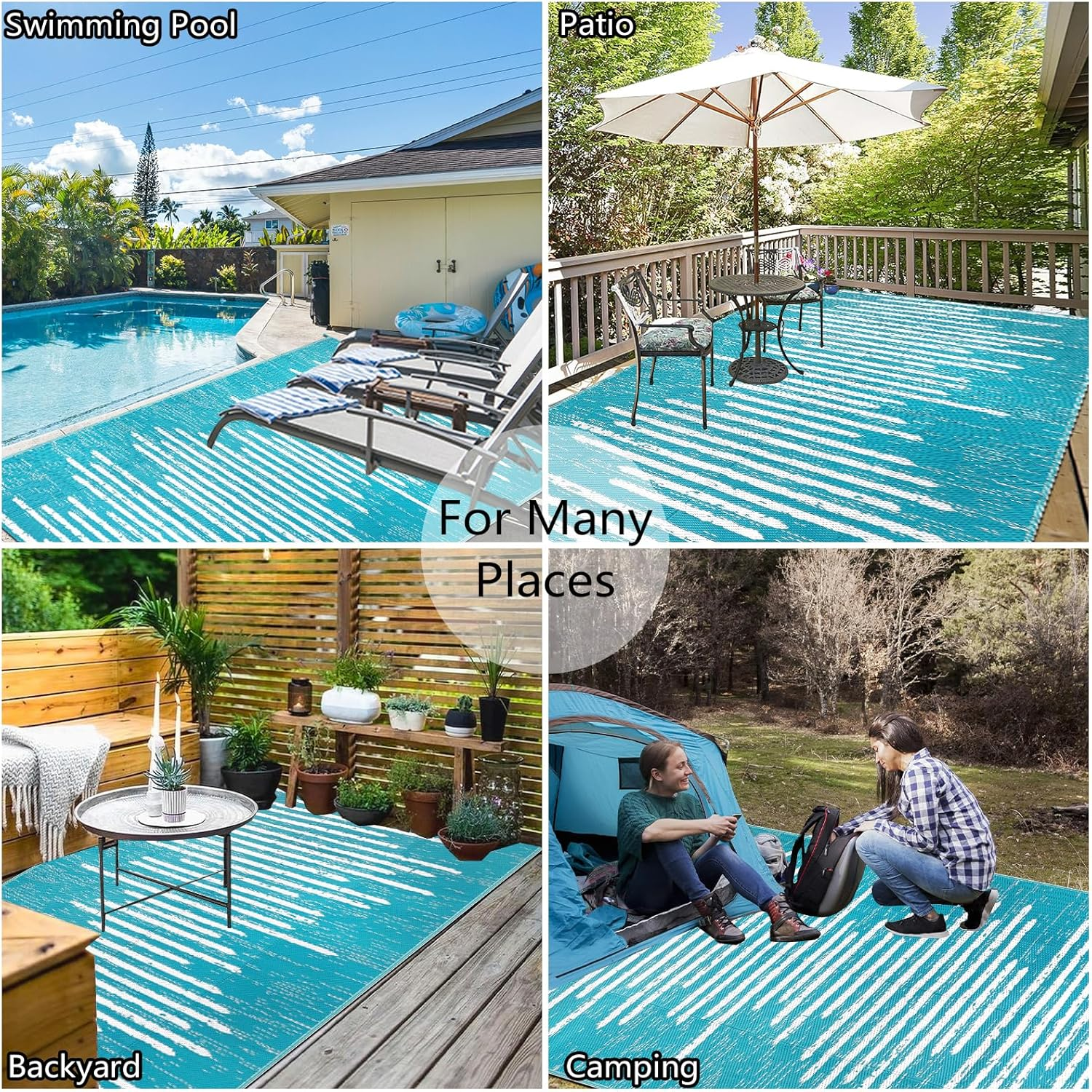 Falflor150X245Cm Outdoor Rug for Patios Waterproof Reversible Garden Mat Plastic Picnic Blanket Outdoor Floor Carpet Plastic Straw Rug for RV Backyard Beach Picnic Balcony(Teal) image number 1