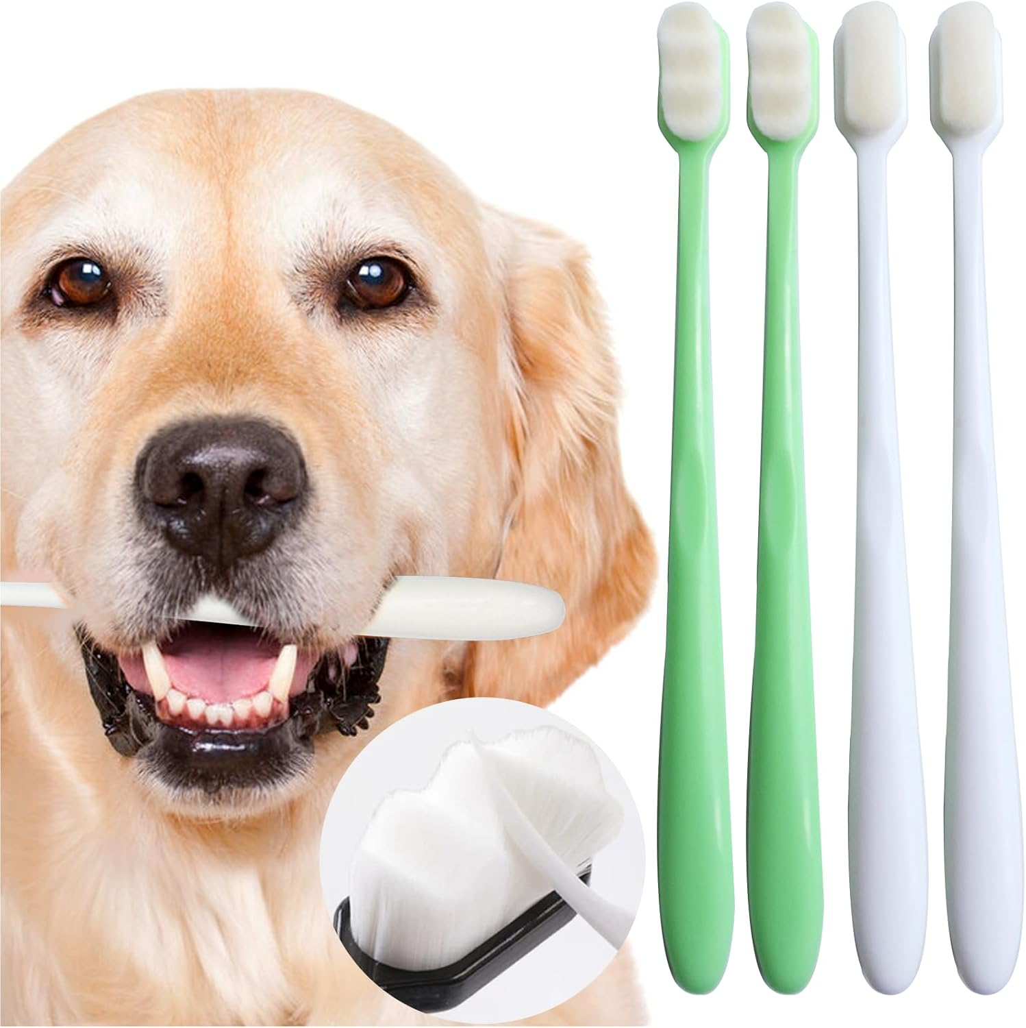 Dog Toothbrush Kit 4 Pack, Ultra Soft Dog Tooth Brush for Medium to Large Dogs & Cats, Pet Tooth Brushing Kit for Easy Dental Cleaning, Soft Bristles, 2 Green Wave Head & 2 White Flat Head image number 3
