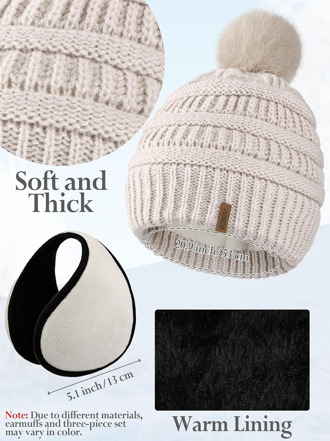 Aneco 4-In-1 Women Winter Beanie Hat Scarf Touchscreen Gloves Ear Warmer Set Fleece Lined Warm Knit Skull Cap with Pom Pom - Burgundy image number 4