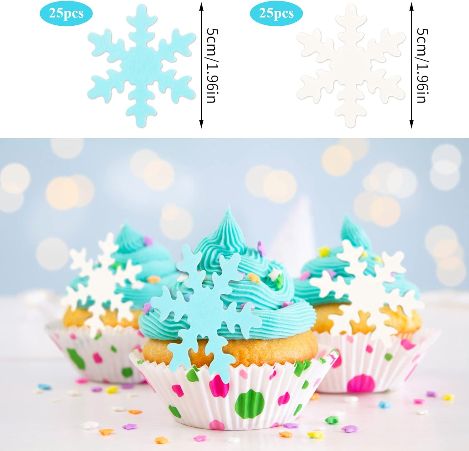50Pcs Edible Snowflake Cupcake Cake Decoration, 5Cm Cute Snowflakes Confetti Decorations, Winter Cupcake Topper for Christmas Winter Frozen Snowflake Theme Birthday Party Wedding Baby Shower image number 2