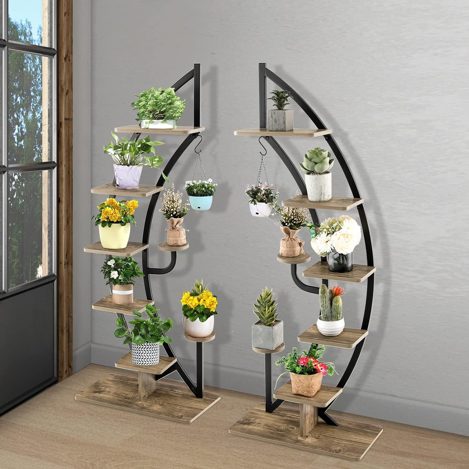 Costway 6-Tier Tall Metal Plant Stand Rack, Curved Half Moon Shape Ladder Planter Shelf W/ Top Hook, Anti-Toppling Device, Modern Flower Pot Holder, Indoor Metal Flower Shelf for Balcony, Living Room - Black-1Pcs image number 6