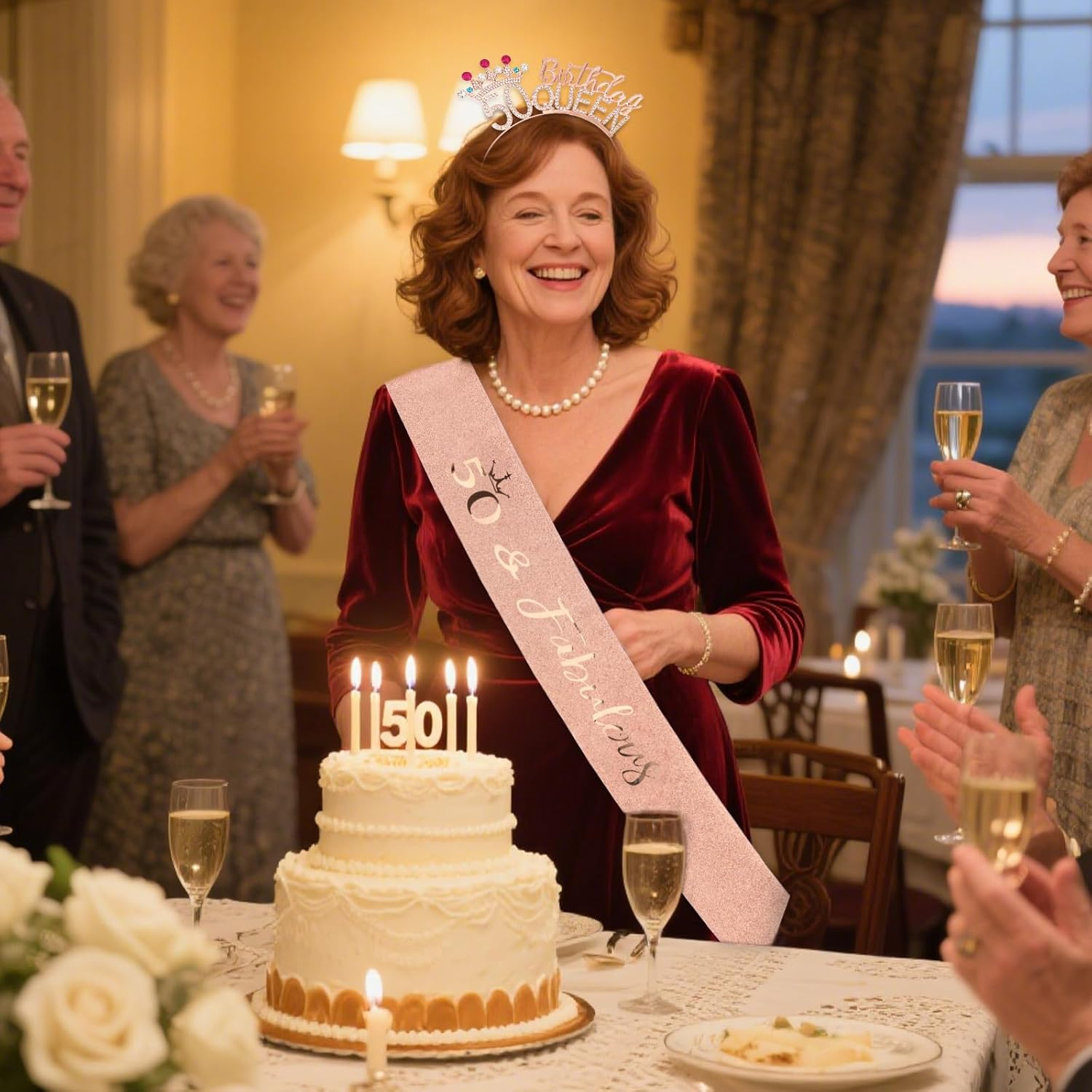 Pruadeor Rose Gold 50Th Birthday Crown Woman 50Th Birthday Headband Glitter Sash for Birthday Party Decoration Gift image number 3