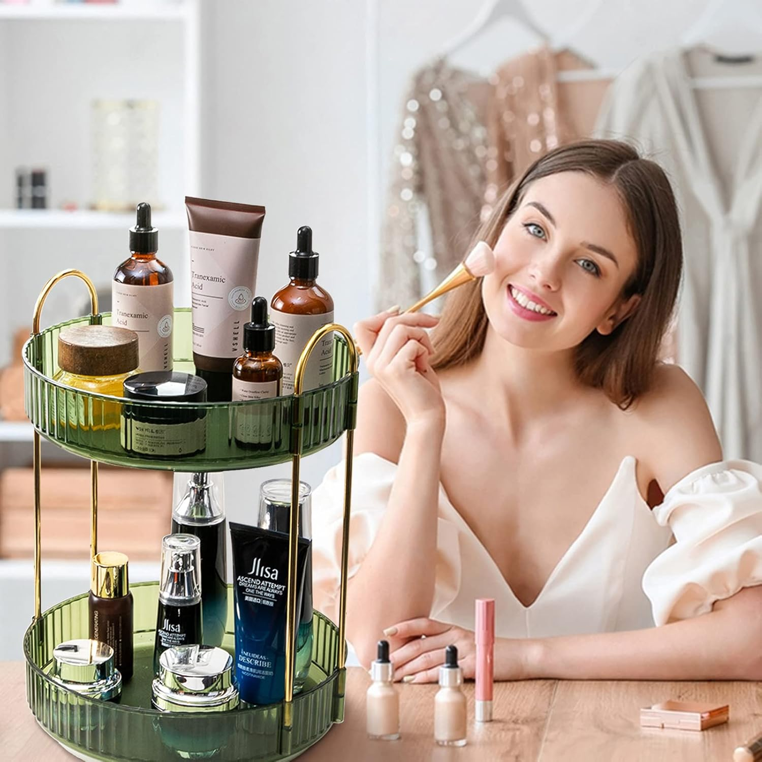 Shuang Qing Rotating Makeup Organizer for Vanity 2 Tier, High-Capacity Skincare Clear Make up Storage Perfume Organizers Cosmetic Dresser Organizer Countertop 360 Spinning （Green）, (HZPSNLS001) image number 1