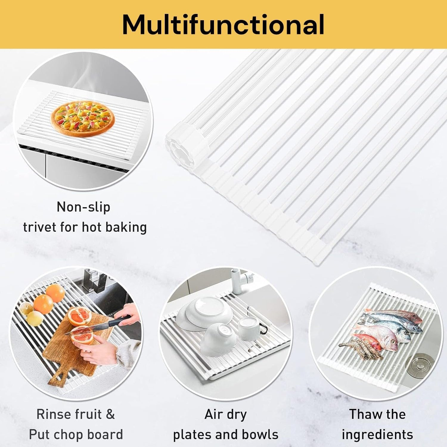 Spendeal over Sink Dish Rack Multipurpose Foldable Anti-Rust Roll up Dish Drying Rack Cover Kitchen Sink Accessories Gadget (White, Large - 20.5" X 13.1") image number 5