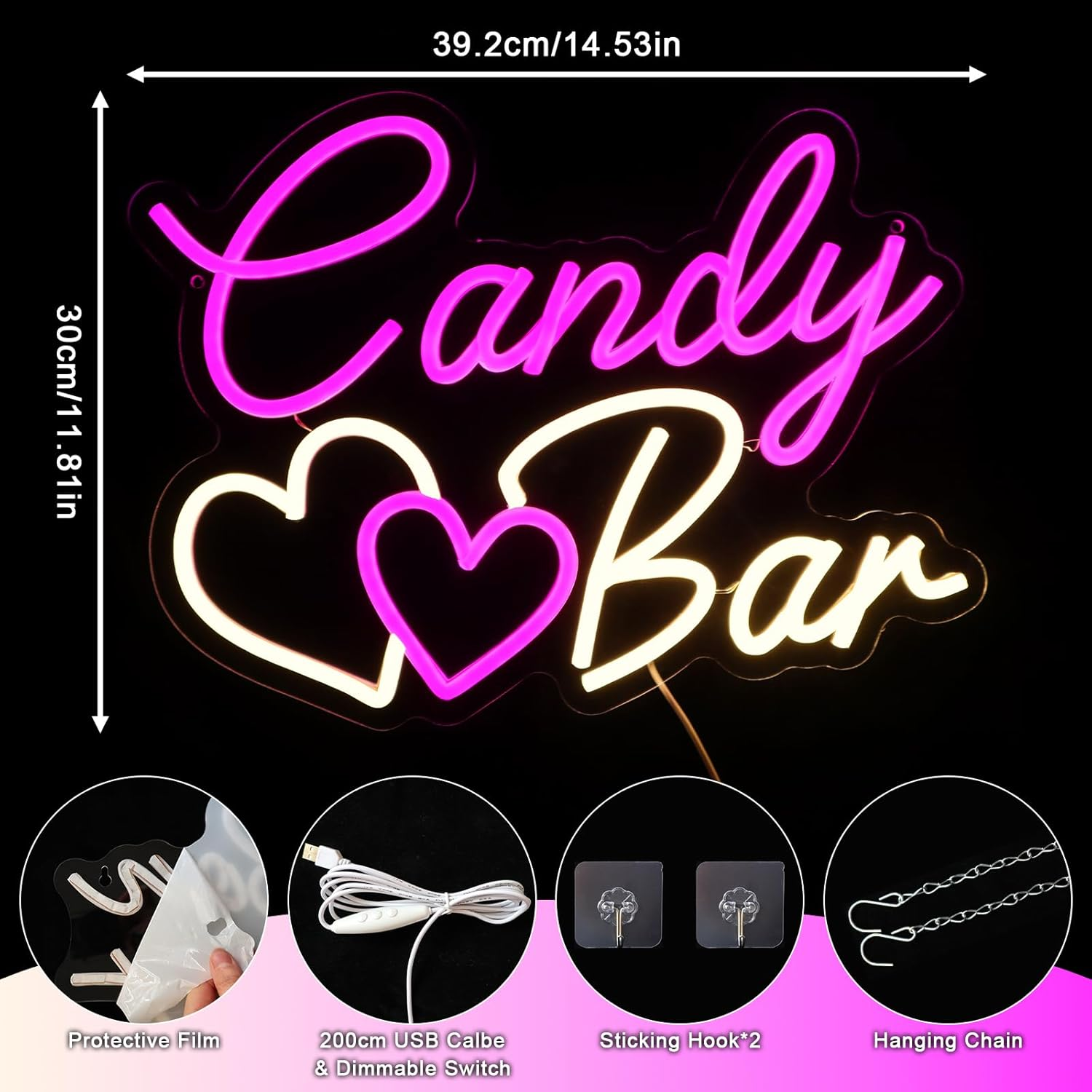 OYCGZV Candy Bar Neon Sign Candy LED Neon Sign Wall Cute Bar Neon Sign USB LED Sign for Wedding Decoration Candy Bar Table Ornament Coffee Restaurant Birthdays Other Events