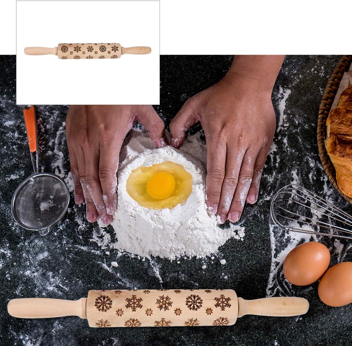 Snowflake Print Rolling Pin Wooden Embossed for Baking Christmas Tree Cookies Scenario image number 3