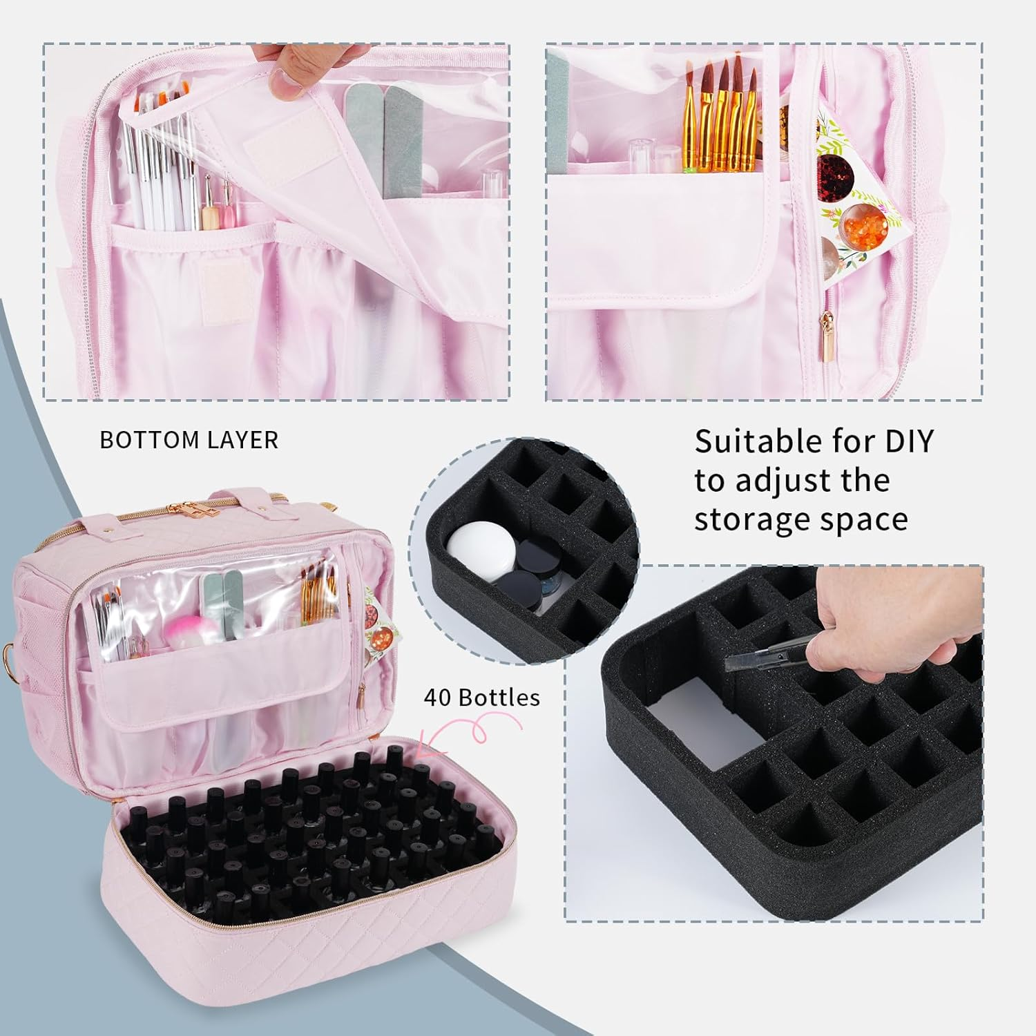 GR69N Nail Polish Organizer Case,Nail Storage Organizer Holds Nail Lamp & 50 Bottles Nail Polish,Travel Nail Tech Case,Nail Kit Organizer Bag Fits Nail Supplies & Manicure Tools,Pink (Patented) - Black01 image number 2