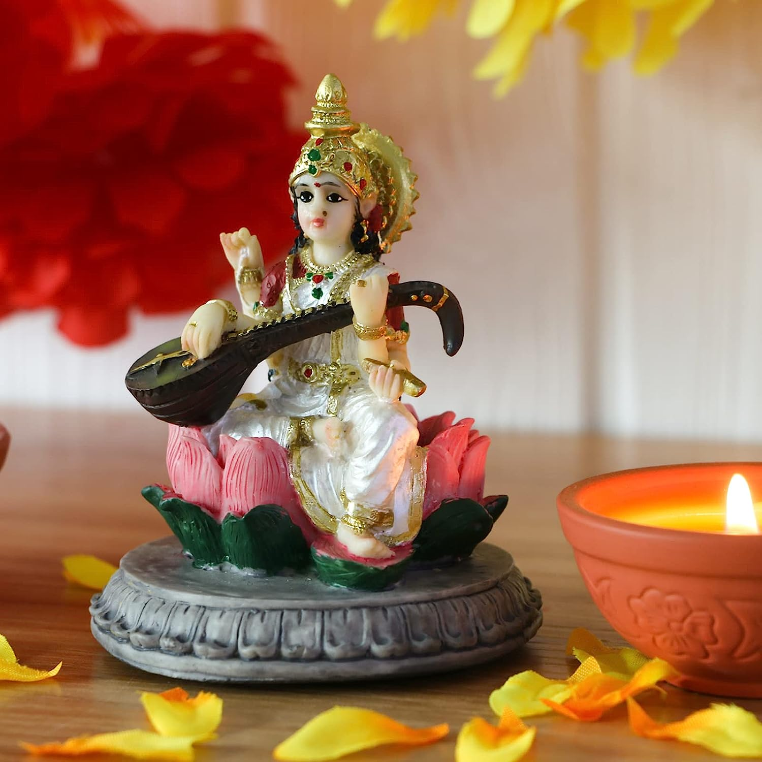 Alikiki Small India Idol Sarawati Statue - 3.9&rdquo;H Hindu Goddess Saraswati Figurine for Car Dashboard Decor Indian Home Office Temple Mandir Pooja Item Diwali Festival Puja Gift image number 4