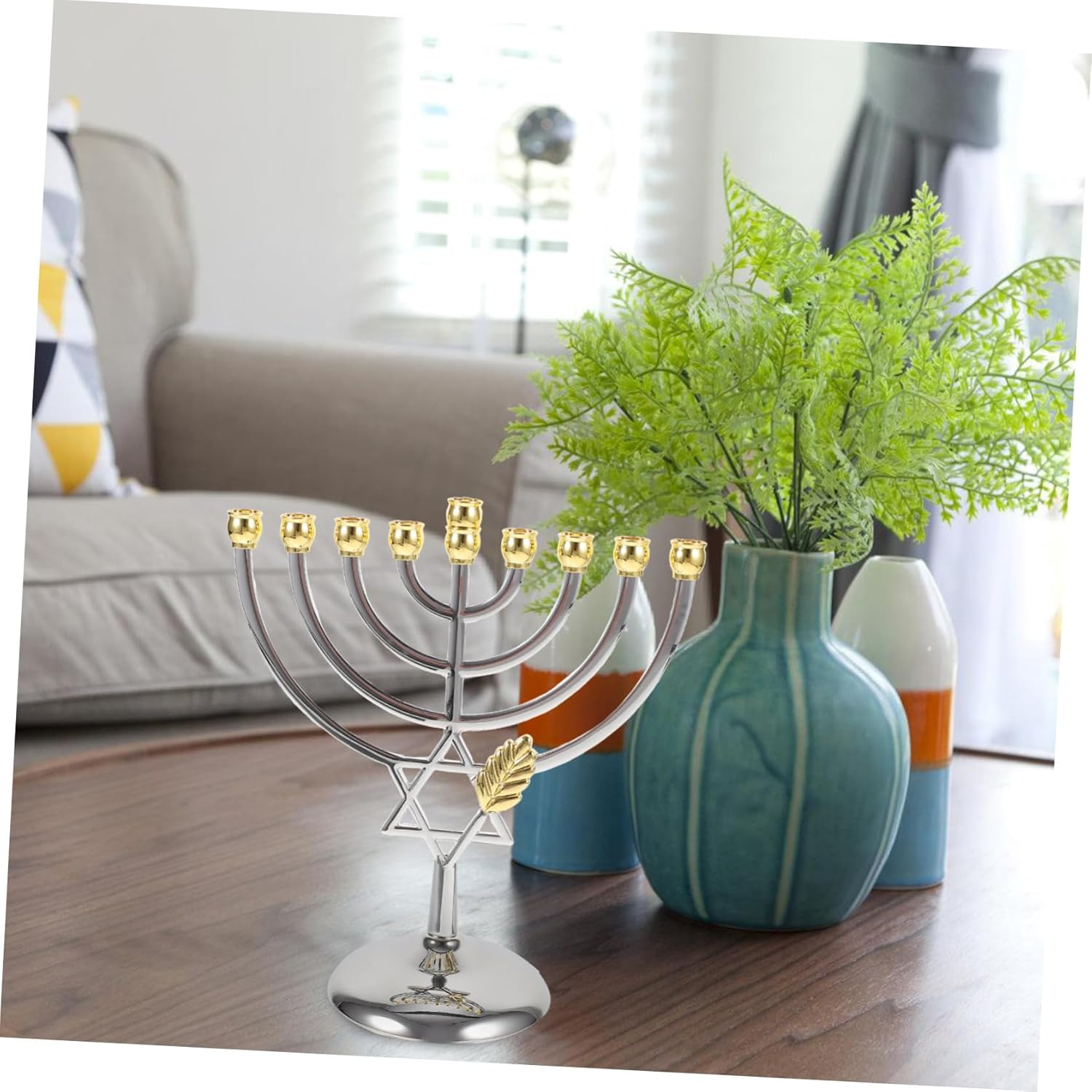 Yardenfun 9 Branch Jewish Candle Holder Metal Simple Elegant Pentacle Design Candlestick for Desktop Decoration and Hanukkah Celebration