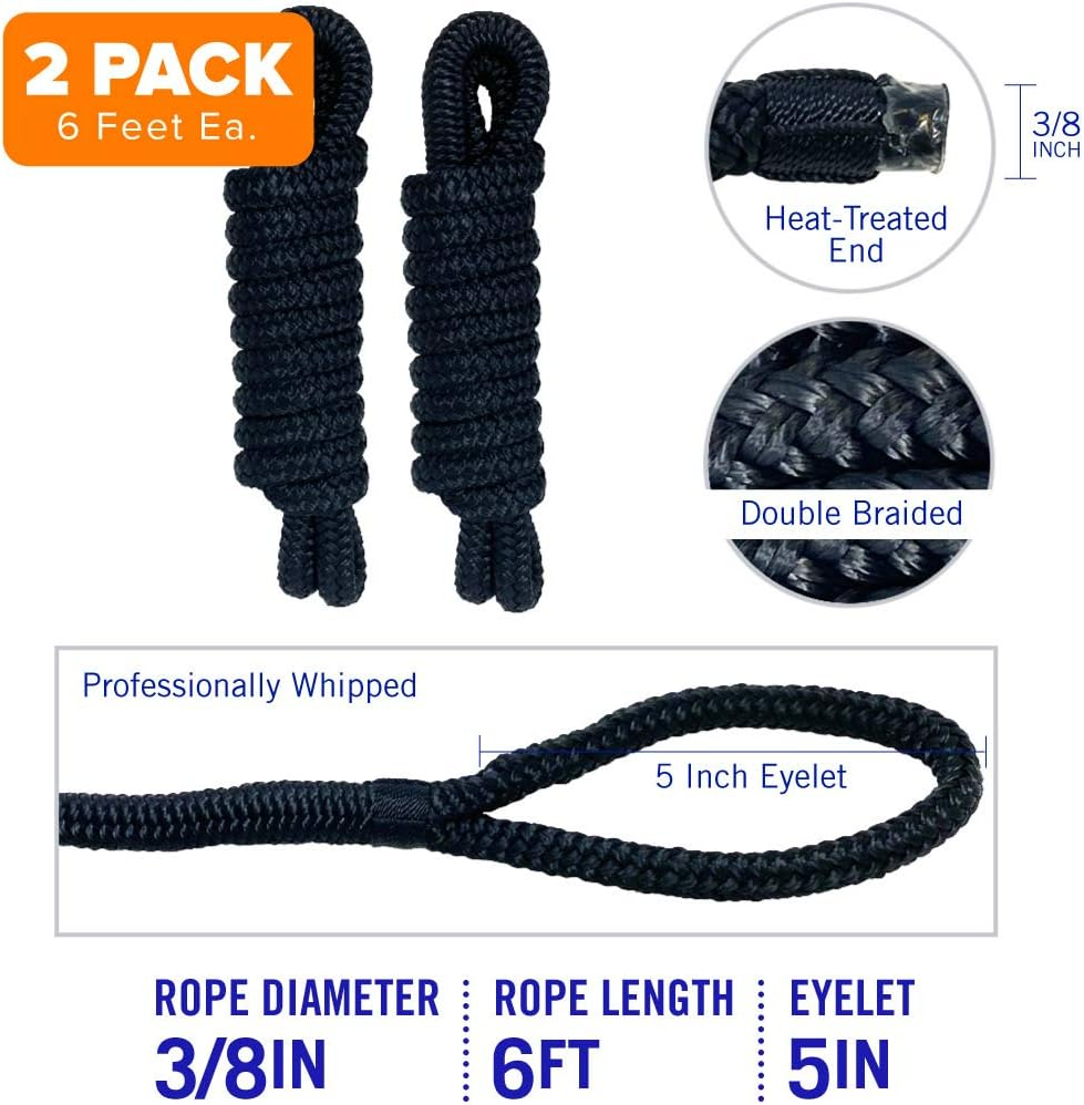 Better Boat 2 Pack Black Marine Grade Double Braided Nylon Dock Line with Loop, 6 Feet X 3/8 Inch, Compatible with Boat Bumpers Fenders image number 1
