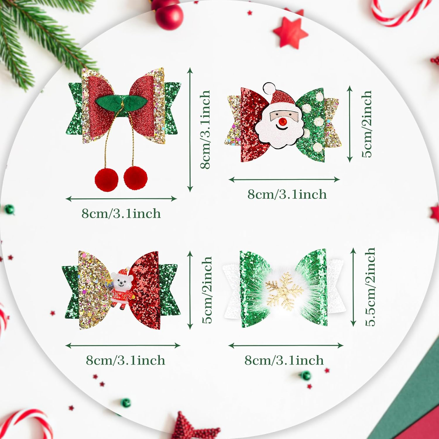 4 PCS Christmas Hair Clips for Kids,Glitter Sequins Hair Bow Barrette Christmas Santa Claus Snowflake Bear Cherry Hair Pins Alligator Clips for Kindergarten Girls Hair Accessories image number 3
