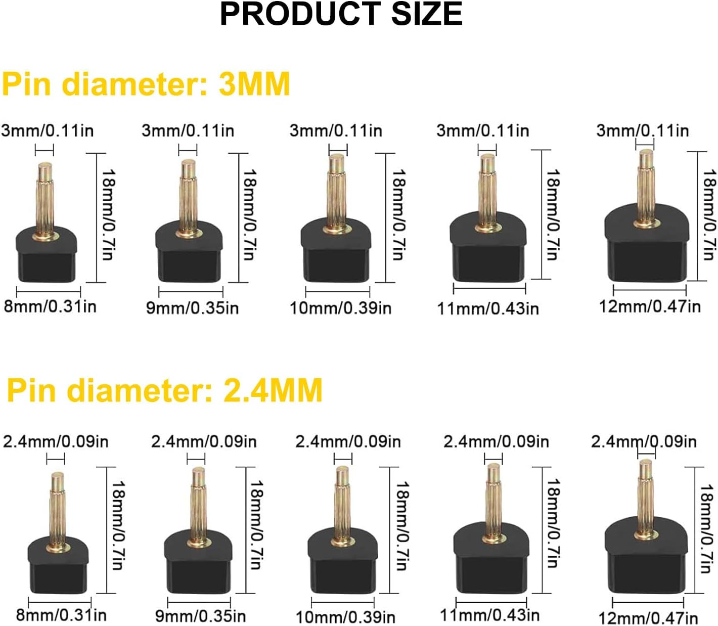 High Heel Shoes Replacement Tips Pin, 20 Pairs Women Shoes High Heel Caps, 8Mm 9Mm 10Mm 11Mm 12Mm High Heel Shoe Tips with 2 Different Pins Diameter 2.4Mm 3Mm (Black)
