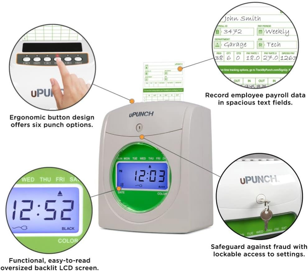 Upunch HN3540 Complete Small Business Start-Up Kit: Autoalign Time Clock System with 400 Time Cards, 4 Ribbons, and 2 Racks image number 3