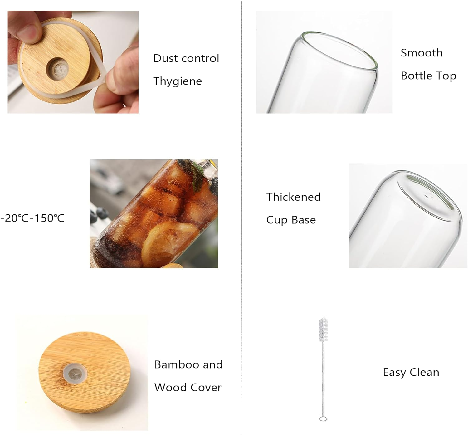 Drinking Glasses Cups with Lids and Straws，And Brushes - 16 Oz Mason Jar Cups Tumbler Cup - Set of 4, Includes Lids and Glass Straws - Perfect for Coffee, Smoothies, Candy，Kitchen，And More! image number 1