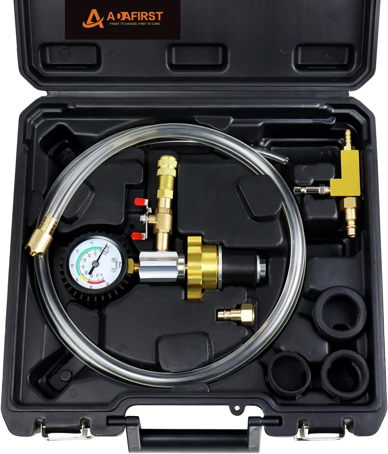 ADAFIRST Automotive Radiator Coolant Vacuum Refill Tool Kit, Engine Cooling System Vacuum Purge & Fill Tool Set with Universal Adapters (O.D. 32Mm 35Mm 40Mm 45Mm) for Car SUV Truck Airlift, Black Case