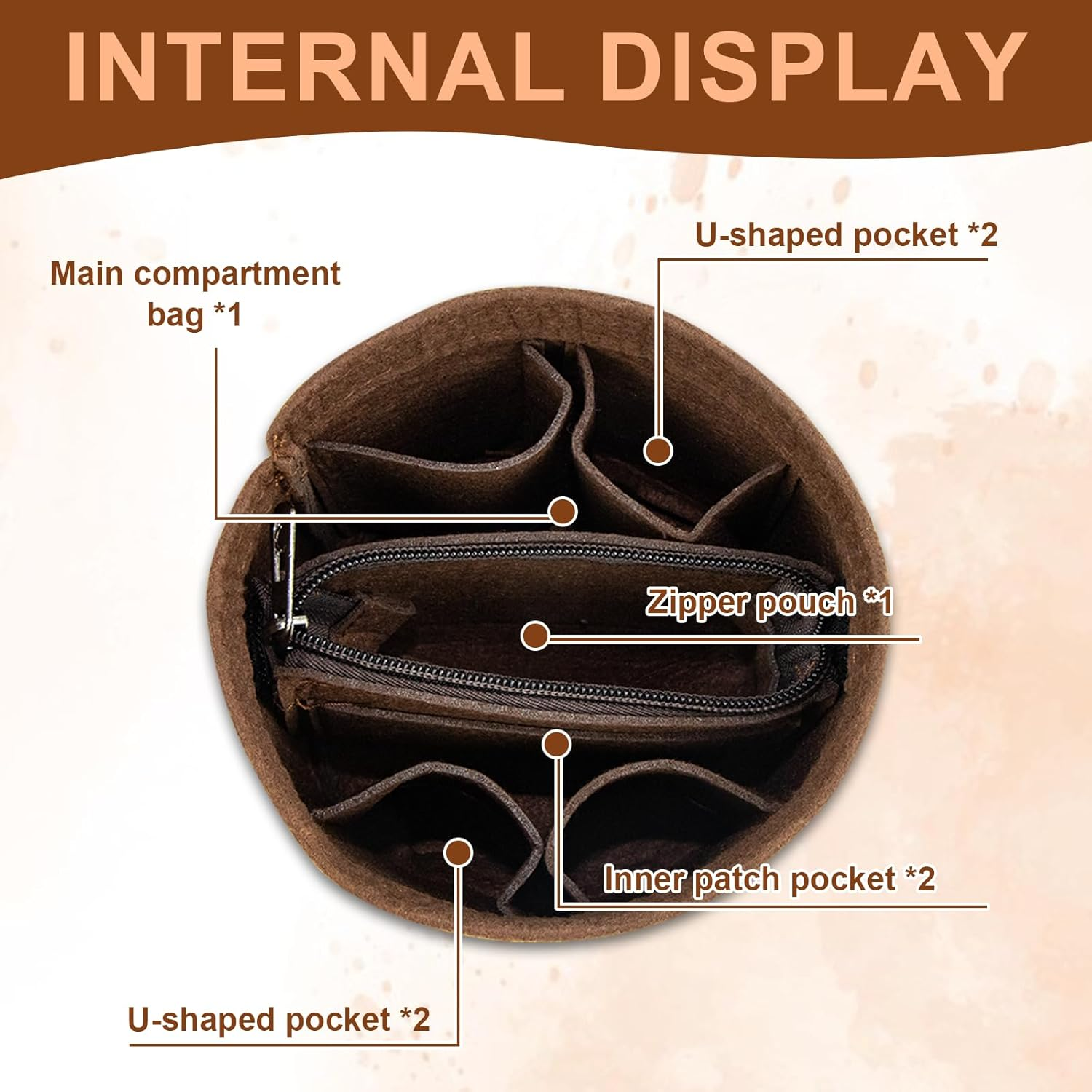 Bag Organiser, Handbag Organiser, Inner Pocket for Handbags, Bag Organiser, Bag Organiser, Handbag with 8 Compartments, Felt Storage for Women, 14 Cm X 12 Cm, Dark Brown image number 6