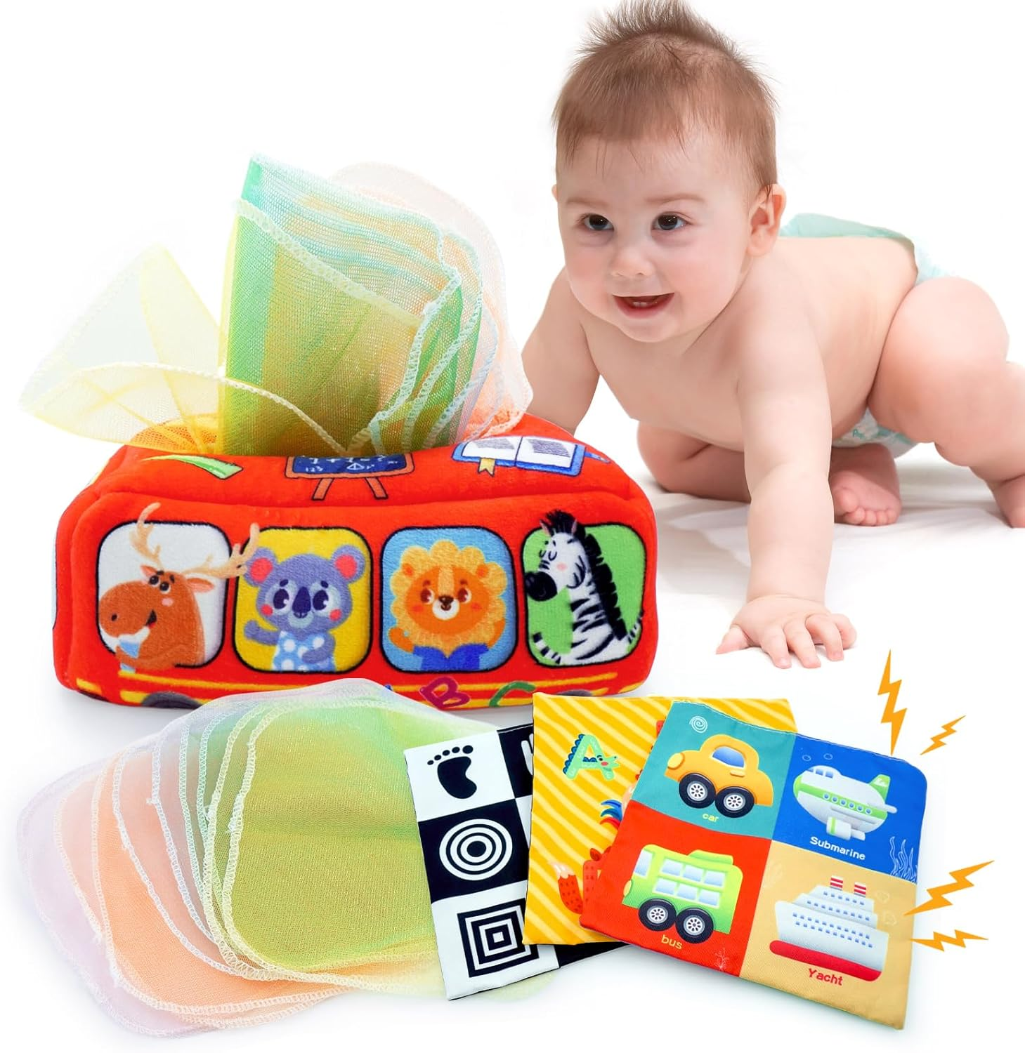 Lenamos Baby Toys 0-24Months, Tissue Box Toy Montessori for Babies 1-2 Year Old Toddlers, Soft Stuffed High Contrast Crinkle Infant Sensory Toys, Boys&Girls Kids Early Learning Newborns Gifts image number 3