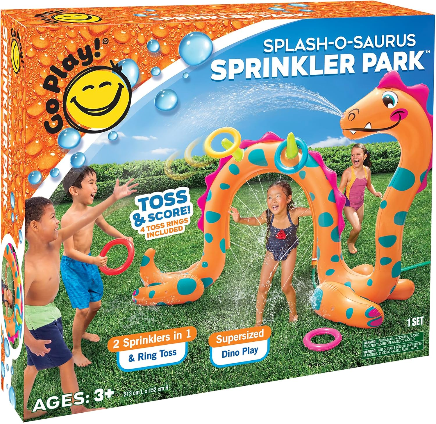 Go Play! Splash-O-Saurus Sprinkler Park, Water-Sprinkling Dino, 4 X Inflatable Ring Toss, Summer Toy with Built in Sprinkler for Backyard and Outdoor Water Toys Play. Suitable for Ages 3+ image number 4