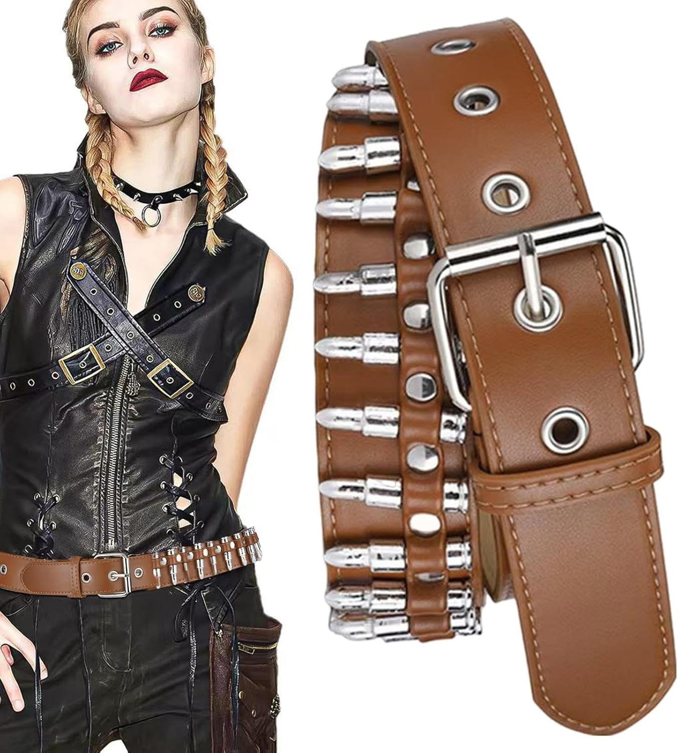 Rronnoy PU Leather Punk Belt for Women - PU Leather Black Women'S Waist Belt | Soft Feel Leather Punk Waist Belt for Party, Nightclub, Daily Wear, and Dating - Camel image number 6