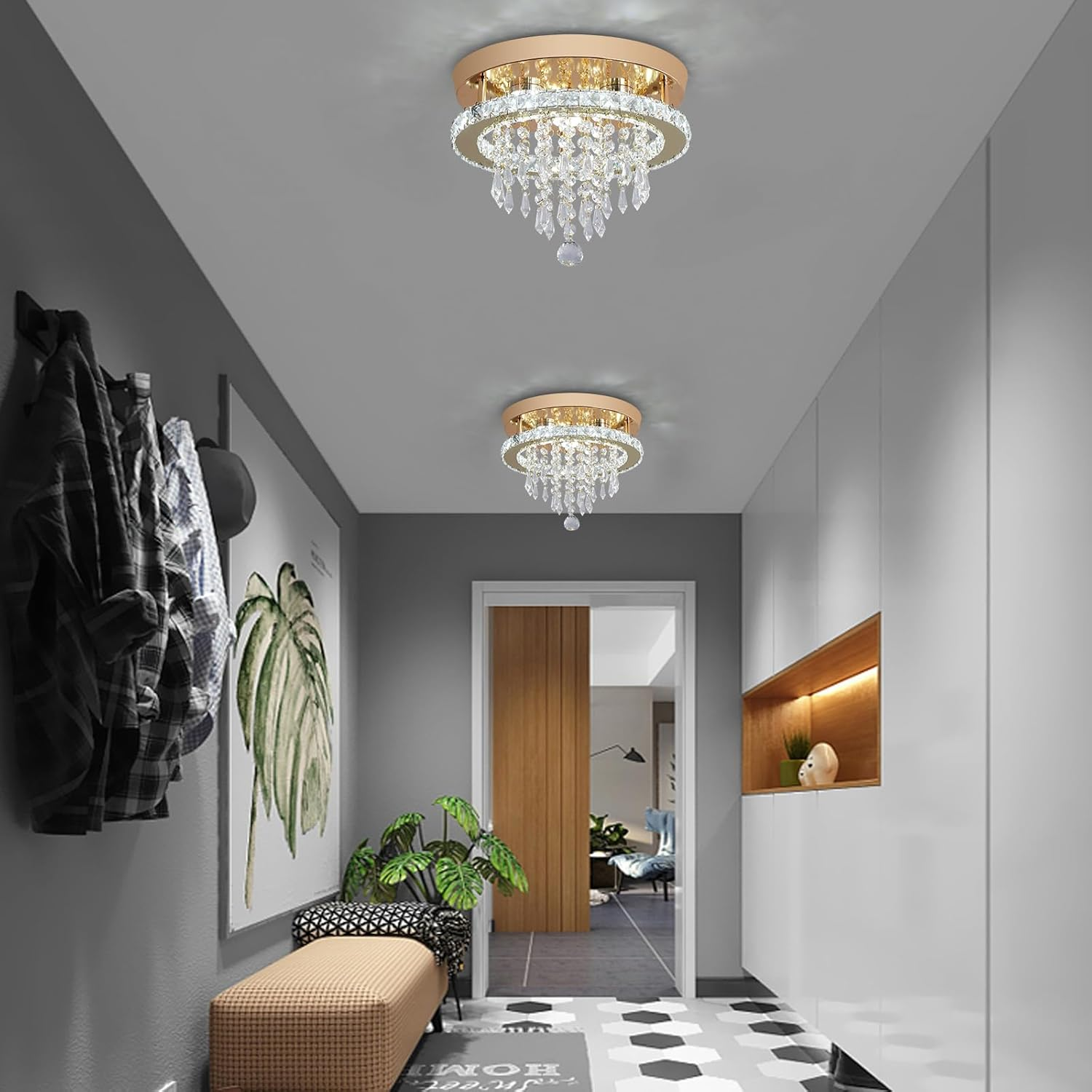 Deckrico Modern Gold Crystal Ceiling Light - Flat LED Light for Hallway, Bedroom, Kitchen, Wardrobe - Cool White image number 2