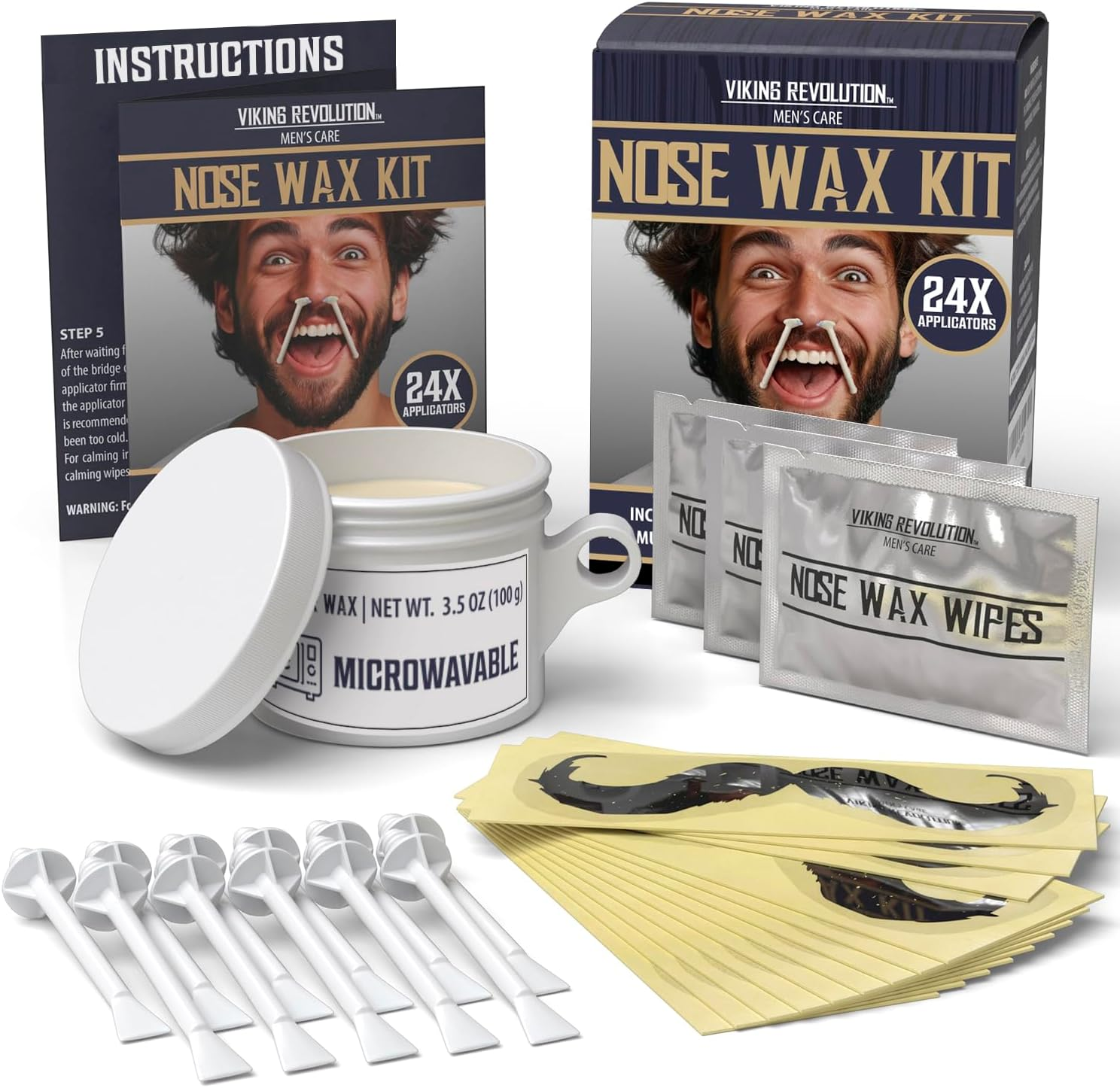 Viking Revolution Nose Hair Waxing Kit for Men - Quick Kit Men with 24 Wax Sticks - Nose Hair Wax Kit Includes Mustache Sticker Guard and Post-Wax Calming Wipes with Aloe Vera (3.5 Oz) image number 2