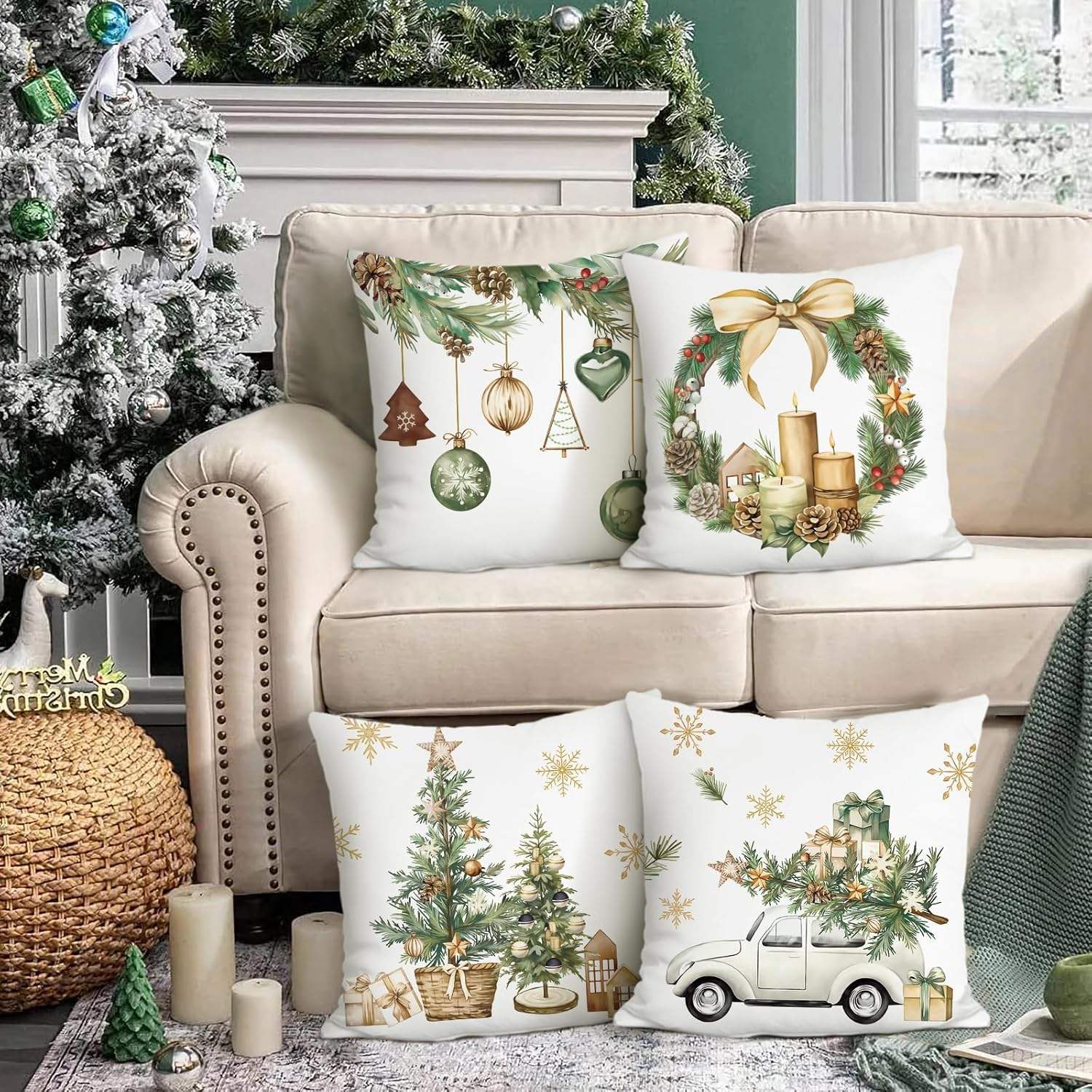 Bonhause Winter Christmas Cushion Covers 45 X 45 Cm Xmas Trees Balls Pine Leaves Cones Truck Decorative Throw Pillow Covers for Sofa Couch Bed Home Winter Holiday Decor Set of 4 image number 5