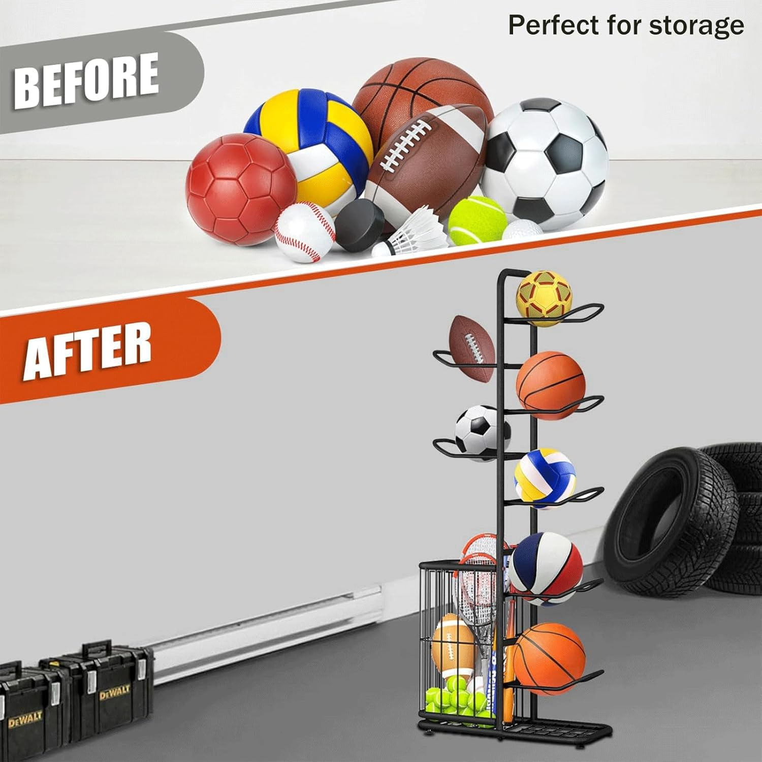 Basketball Storage Rack, Durable 5-Layer Cube Ball Storage Rack, Removable Garage Ball Storage, Vertical Sports Display Rack, Suitable for Volleyball Football, Basketball, Football, with Side Bin image number 5