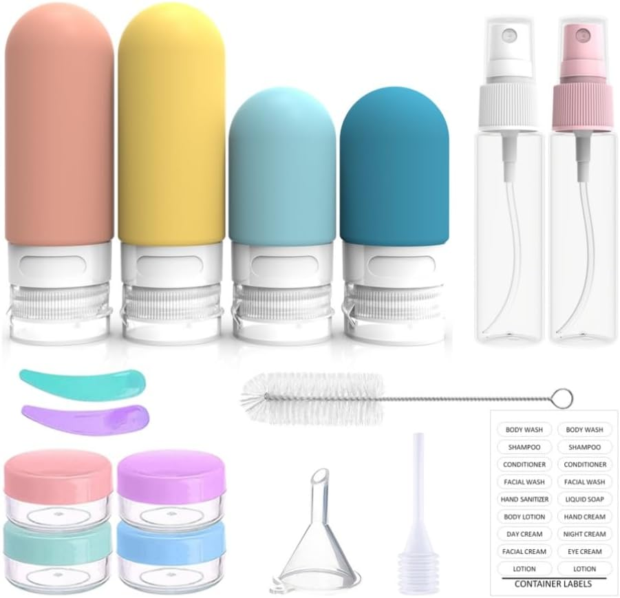 DACUAN Travel Bottles Set, 17 Pack Silicone Travel Containers, Multifunctional Travel Size Toiletries, Portable Travel Essentials for Toiletries Conditioner Shampoo Lotion and Body Wash (Kits B)