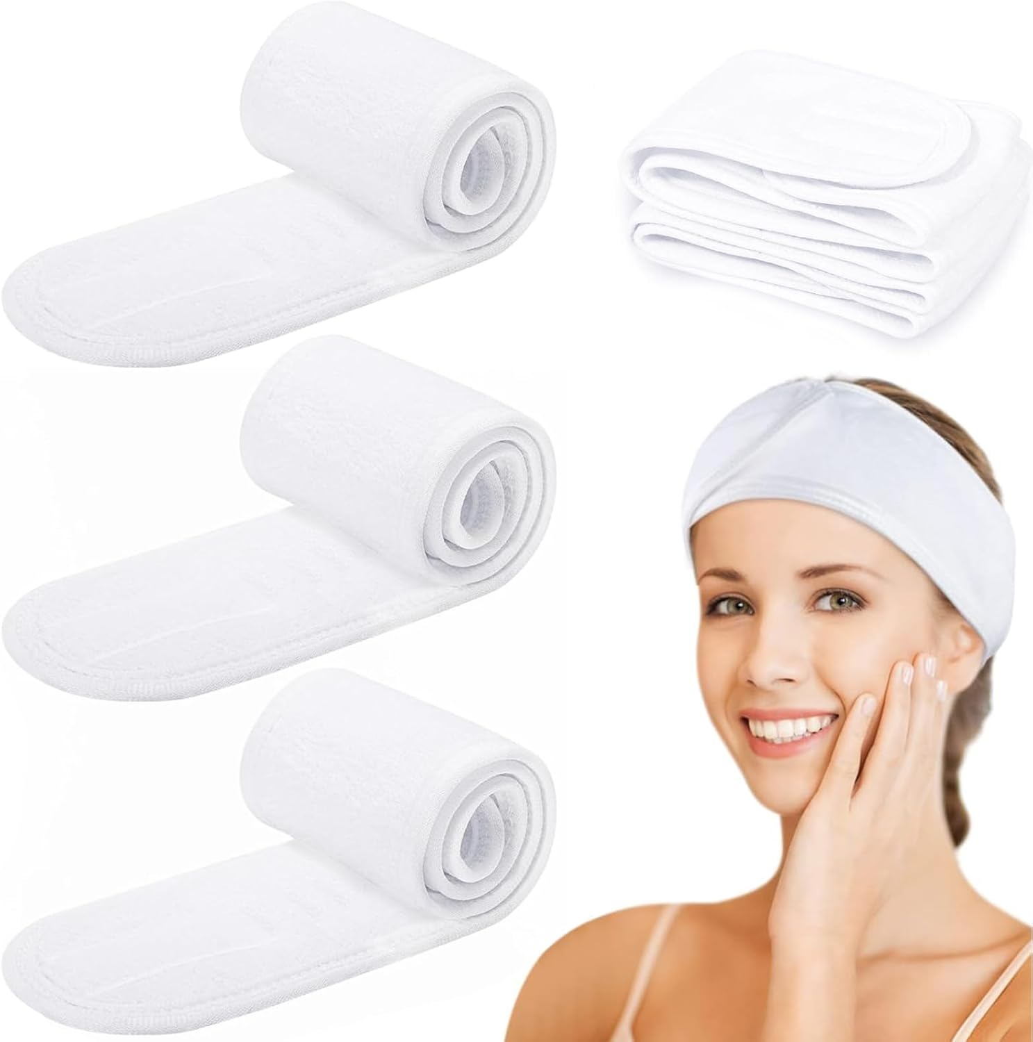 4 Pack Spa Facial Headband Head Wrap Makeup Hair Band Women Skincare Adjustable Headband Terry Cloth Stretch Towel for Bath, Makeup and Sport, with Magic Tape (White)