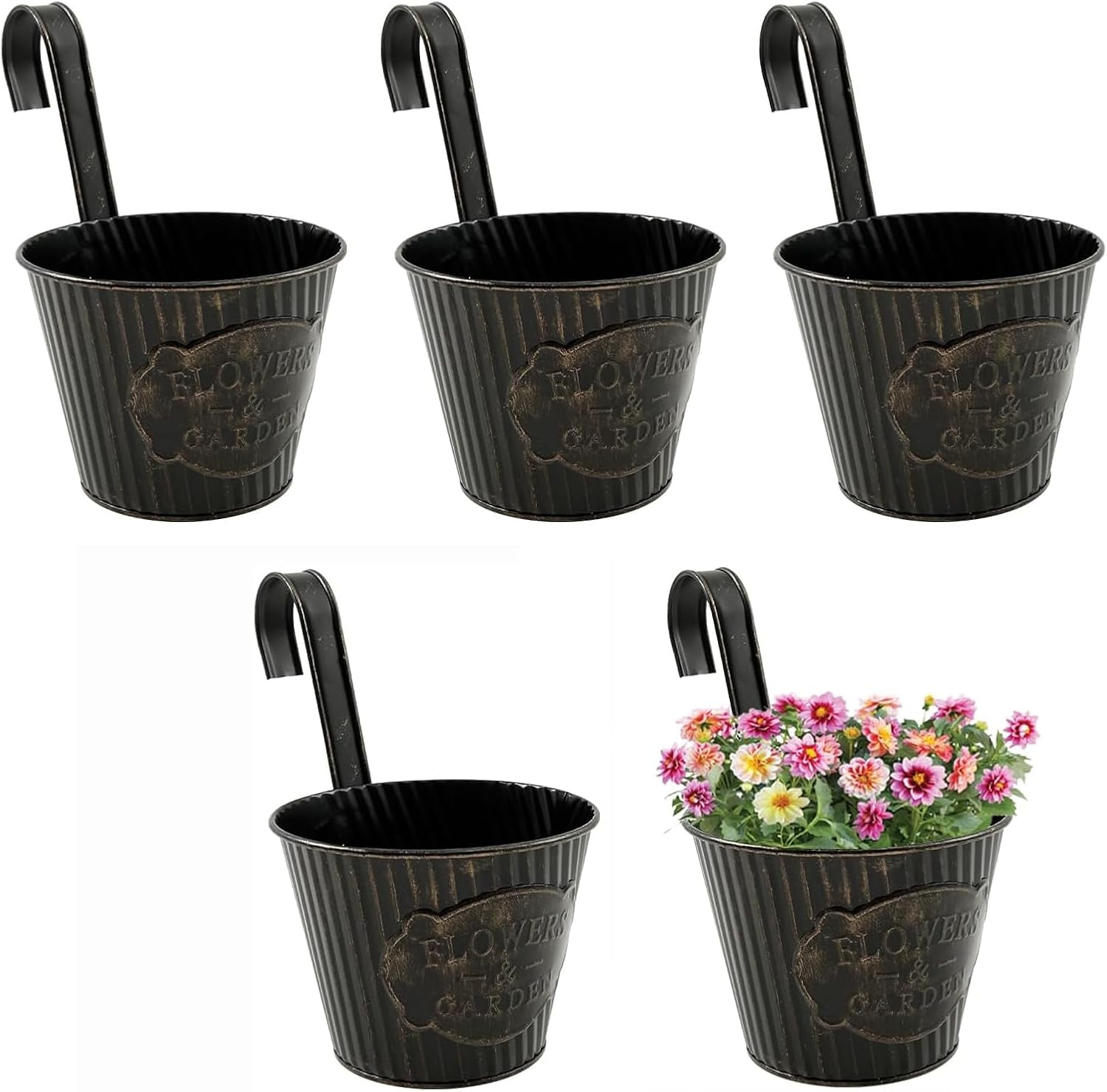5 Pack Hanging Planters with Hooks, 9Cm Metal Bucket Hanging Flower Pots for Balcony Railing Fence Deck Rail Porch Window Box, Outdoor Garden Planters Basket(Blue)