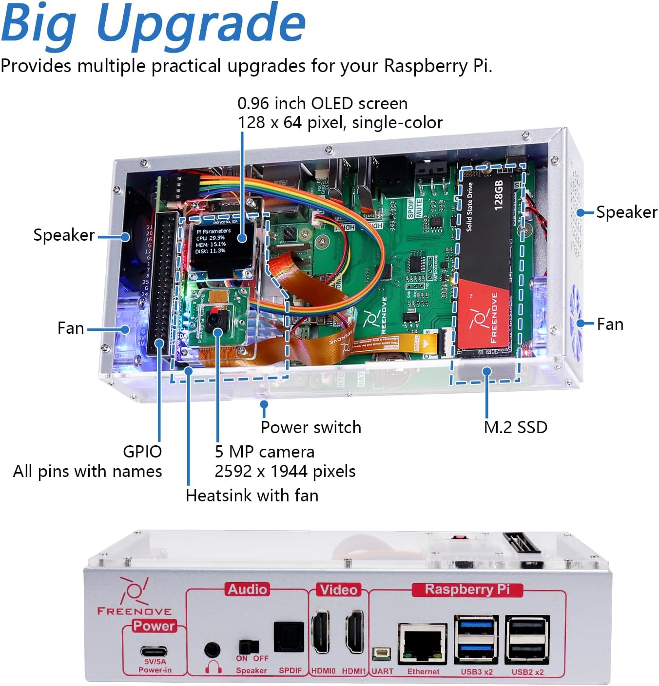 Freenove Computer Case Kit for Raspberry Pi 5 (NOT Included), 128GB M.2 Nvme SSD 800 Mb/S, 5 MP Camera, 0.96 Inch OLED Screen, Built-In Stereo Speakers, 3.5 Mm and Optical Audio (S/PDIF) image number 3