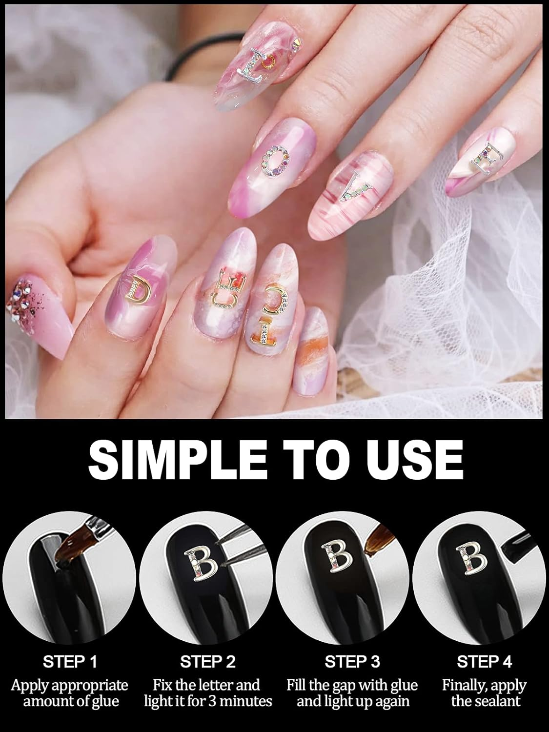 Kalolary 52Pcs Rhinetone Letters Nail Studs, Gold Silver 3D Capital Rhinetone Nail Letter English Alphabet Stud Charm DIY Manicure Nails Jewelry Making Crafts Decoration for Women Girls image number 2