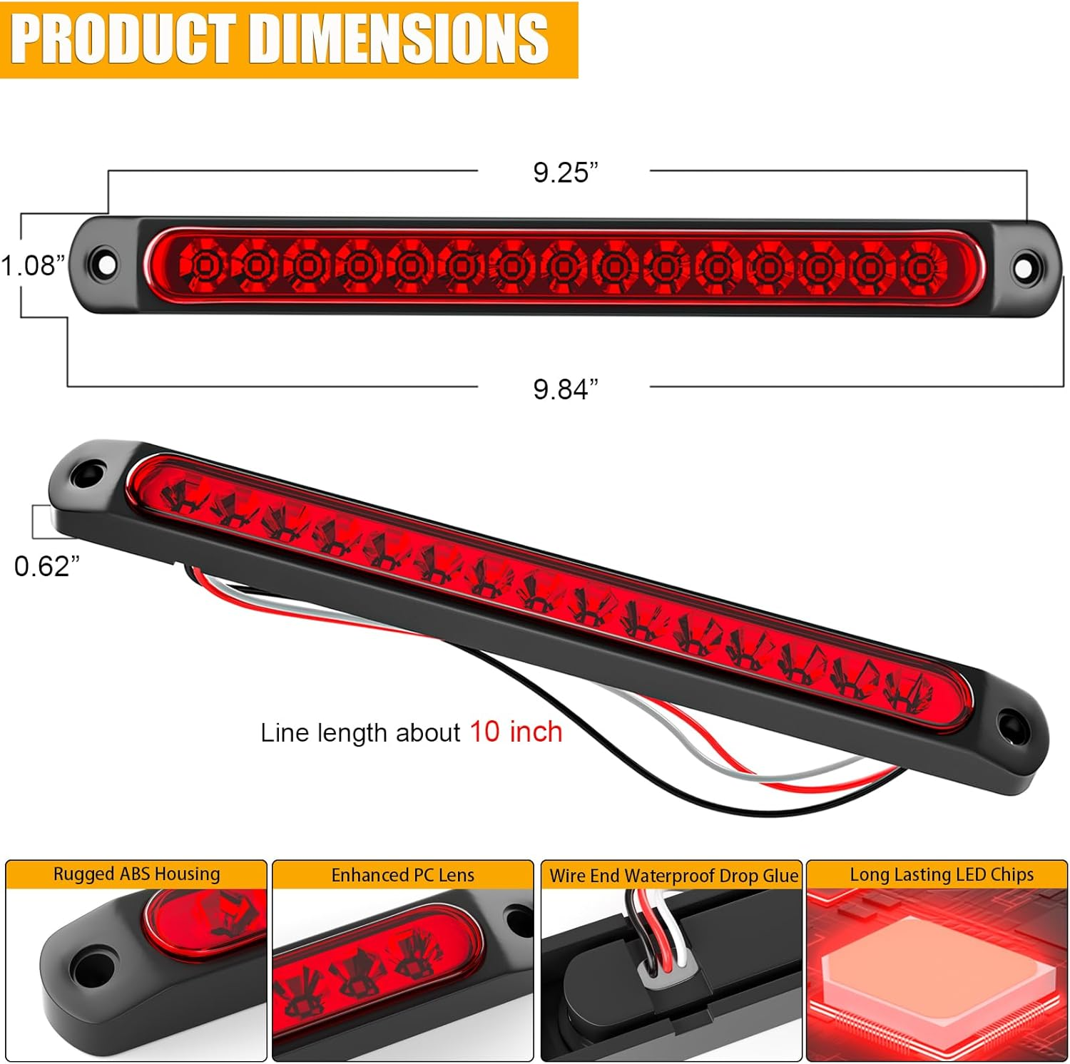 PSEQT 10" 15 LED Trailer Brake Tail Light Bar Stop Change Tail Lights Assembly ID Clearance Strip Red Light Waterproof for Wrangler Golf Cart Offroad Truck RV UTV ATV image number 2