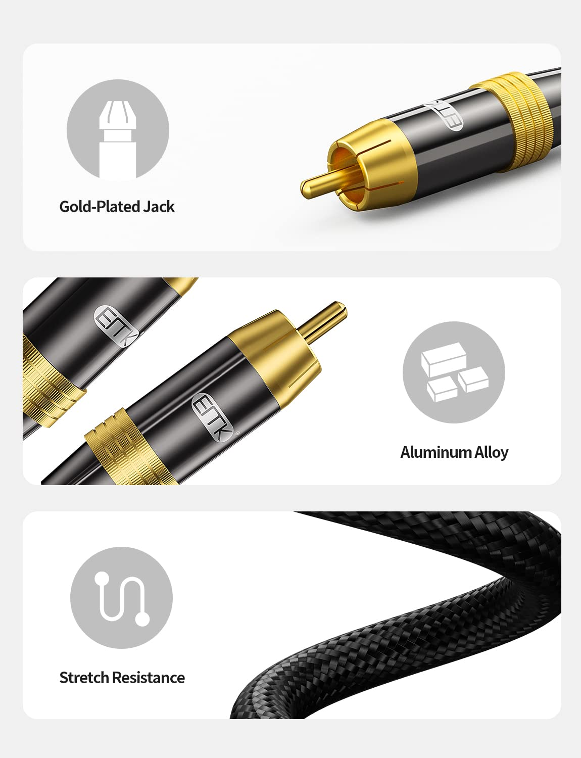 EMK Subwoofer Cable, Digital Coaxial Audio Cable [24K Gold-Plated, Durable Cotton] Premium S/PDIF RCA Male to RCA Male for Home Theater, Soundbar,Speaker,Hdtv, Subwoofer, Hi-Fi Systems (Black-3.3Ft/1M) image number 2