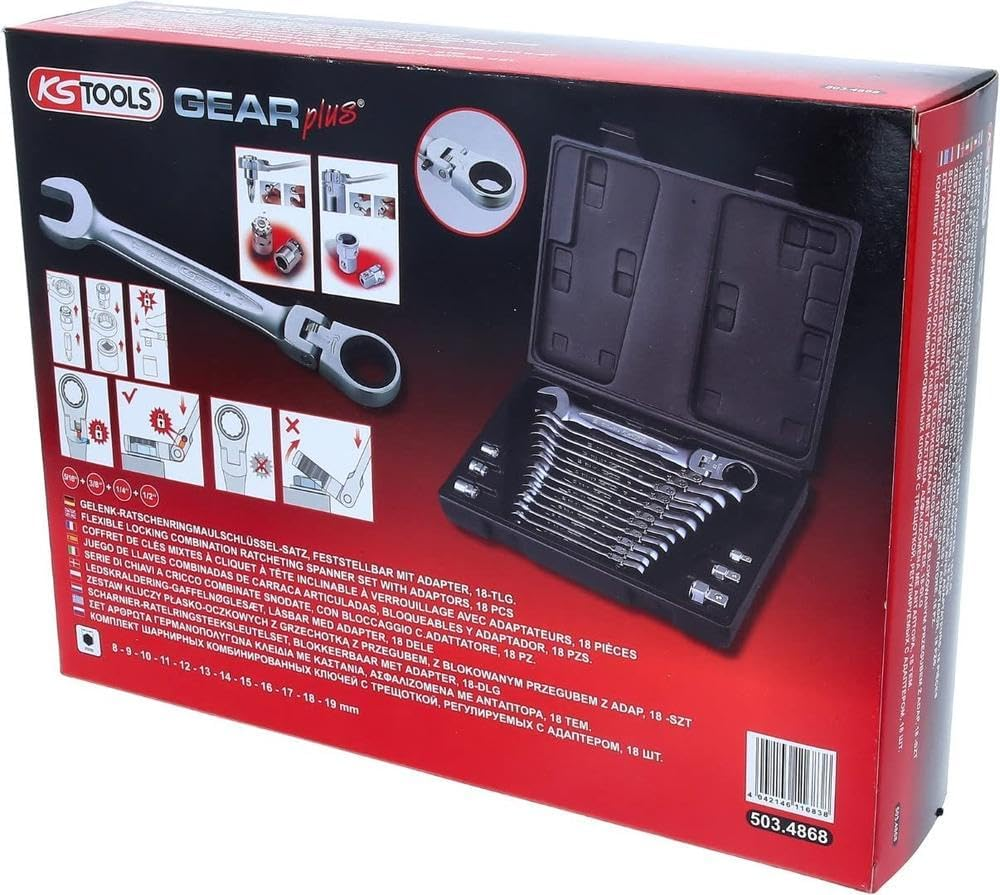 KS Tools 503.4868 Gearplus 18-Piece Hinged Ratchet Combination Spanner Set