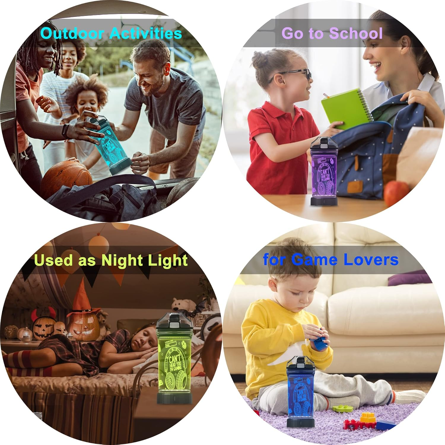 Yuandian Can'T Hear You I'M Gaming Water Bottle, Headphone 7 Color Lights 3D Light up Drinking Cups Gifts for Gamers Boys, BPA Free & Leak Proof Flip Top Lid & Easy Clean & Carry Handle, 14Oz/400Ml