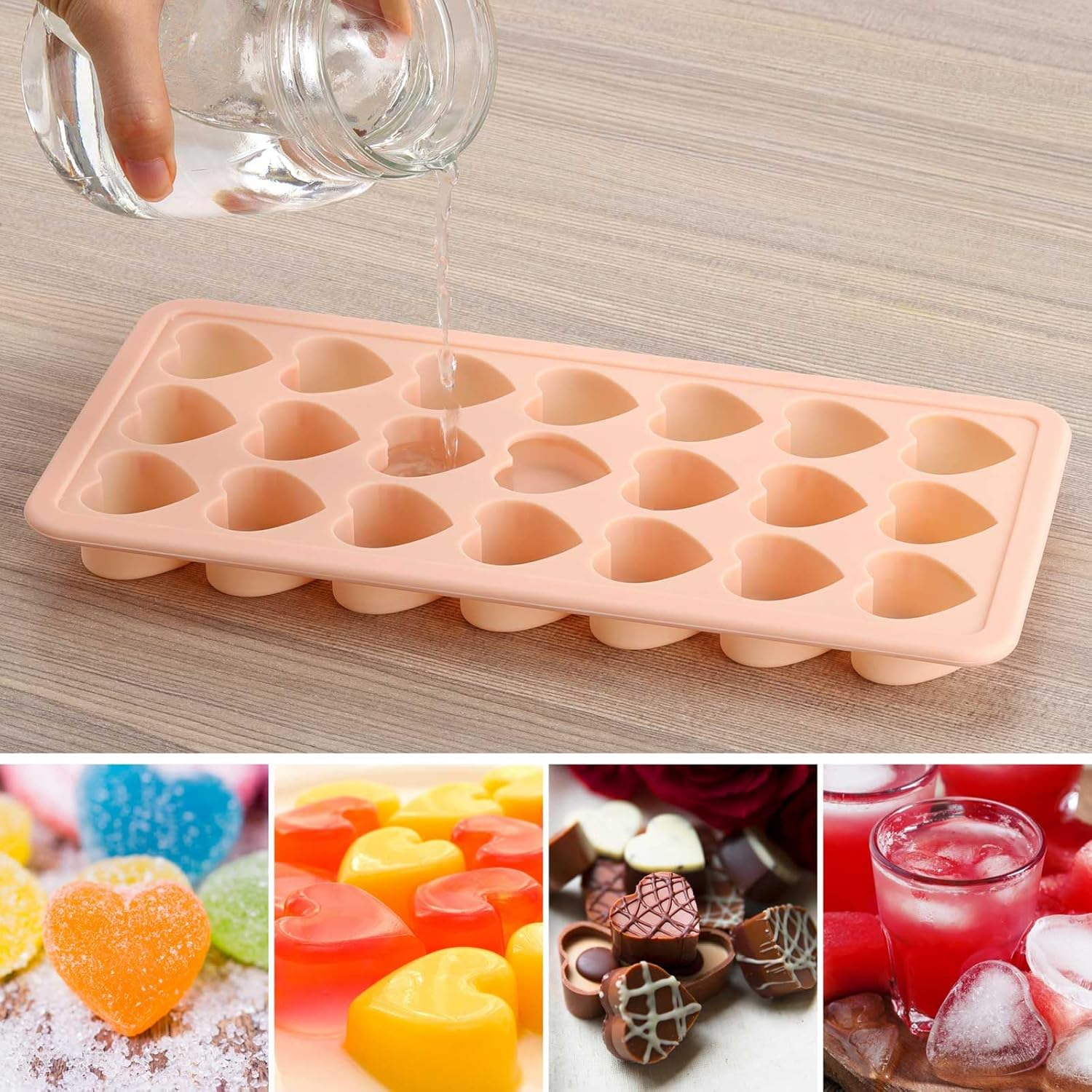 Heart Shaped Ice Cube Trays with Lid, Silicone Heart Mold, Easy Release Ice Trays, 21-Cavity Heart Molds for Ice Cubes, Gelatine, Chocolate, Baking and Candy - Pink