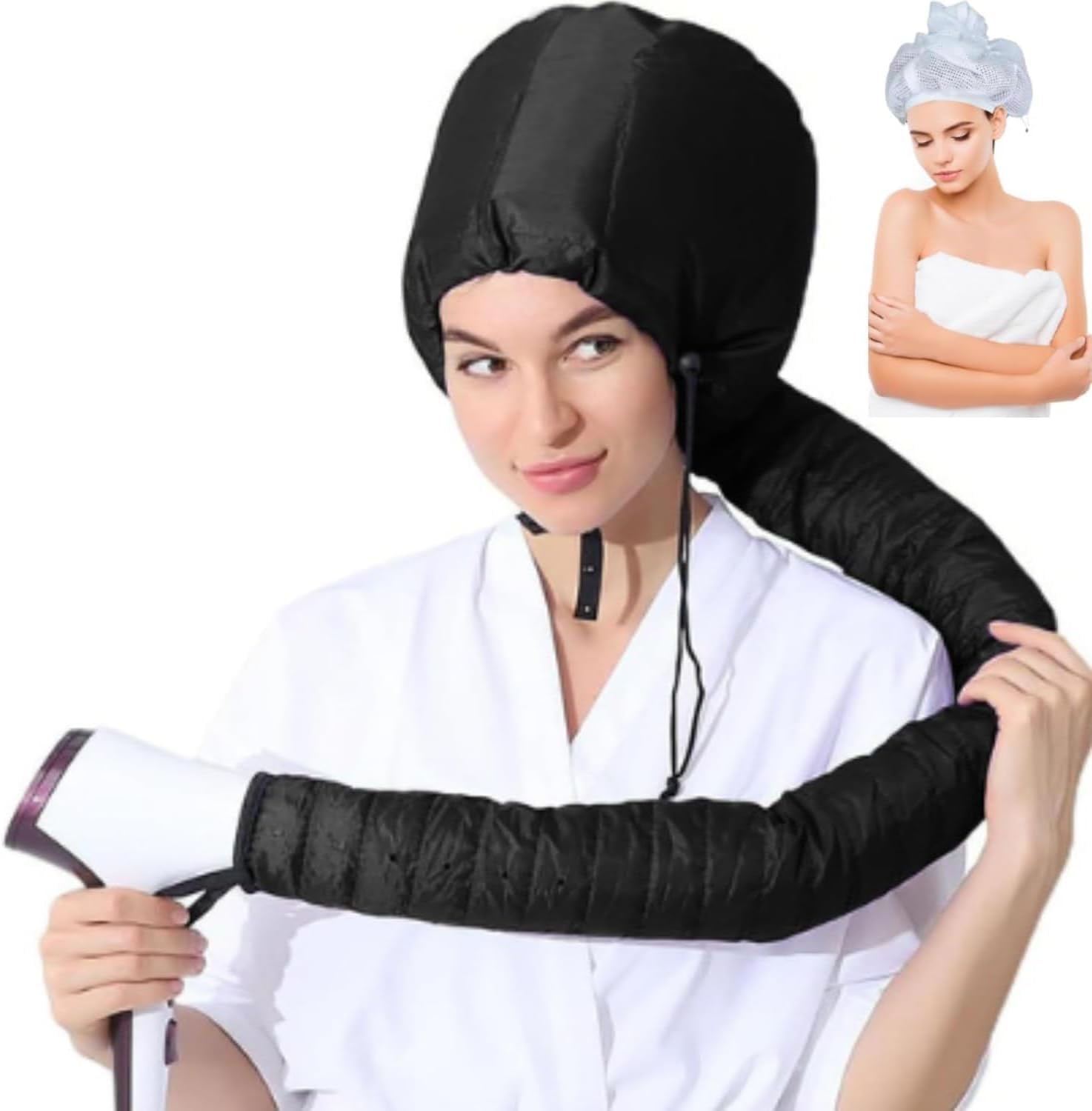 Net Plopping Cap for Drying Curly Hair, Adjustable Net Cap for Drying Curl with Drawstring, Hair Dryer Bonnet, Plopping Hair for Women (Black, One Size) image number 4