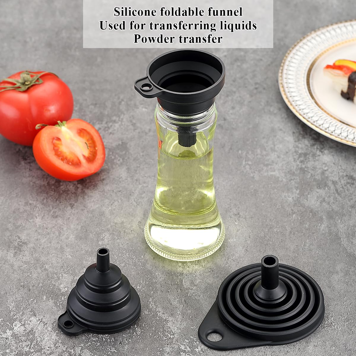 Berglander Kitchen Funnel Set of 3 Easy to Store, Silicone Collapsible Funnels for Kitchen Use, Filling Bottles, Daily Cooking, and Water or Powder Transfer（Black） - Black image number 3