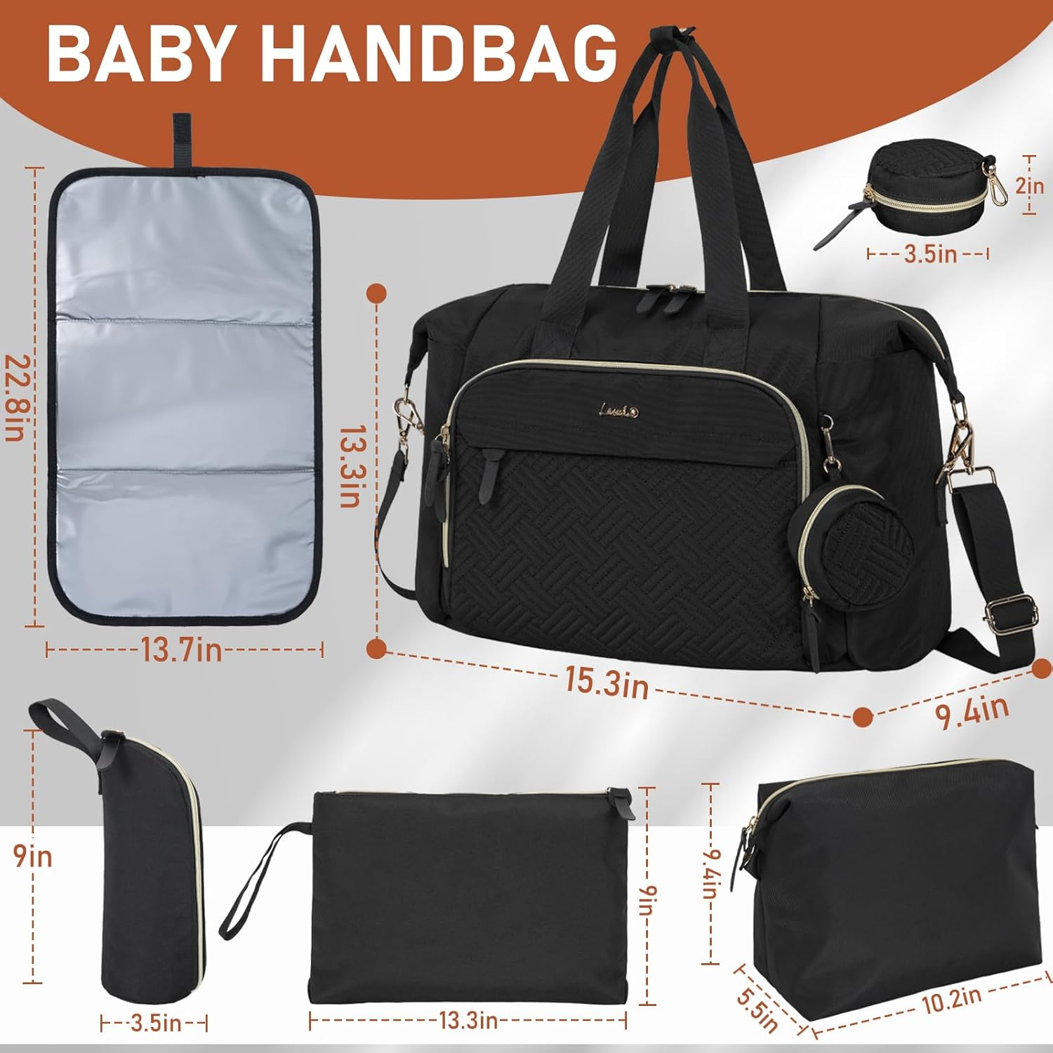 7Pcs Diaper Bag Tote, Large Mommy Travel Diaper, Baby Diaper Tote Bag for Mom Hospital Bags Baby Bag, Black image number 5