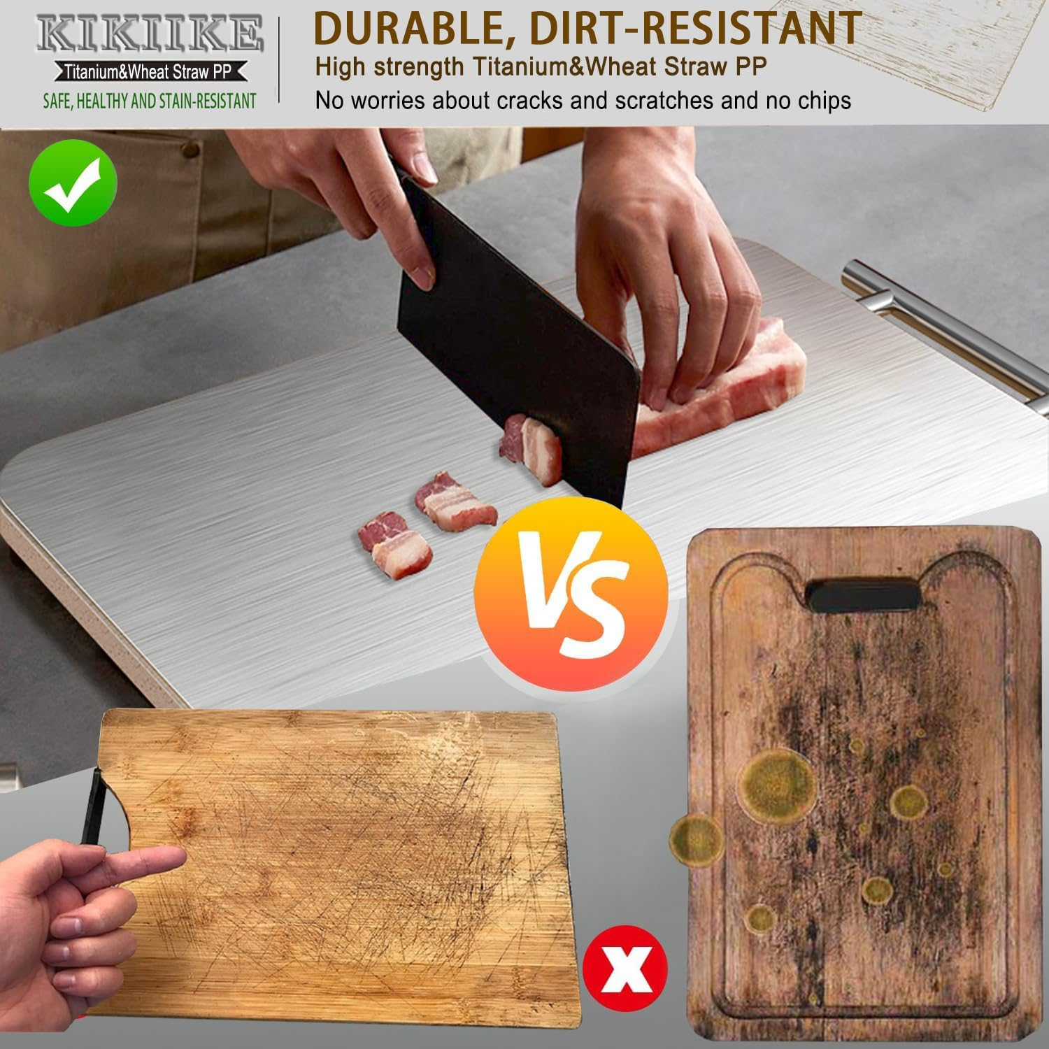 Titanium Cutting Board Double Sided Pure Titanium Cutting Boards for Kitchen, Pure Titanium & Wheat Straw PP Food Grade Metal Chopping Boards Easy to Clean Large Size image number 3