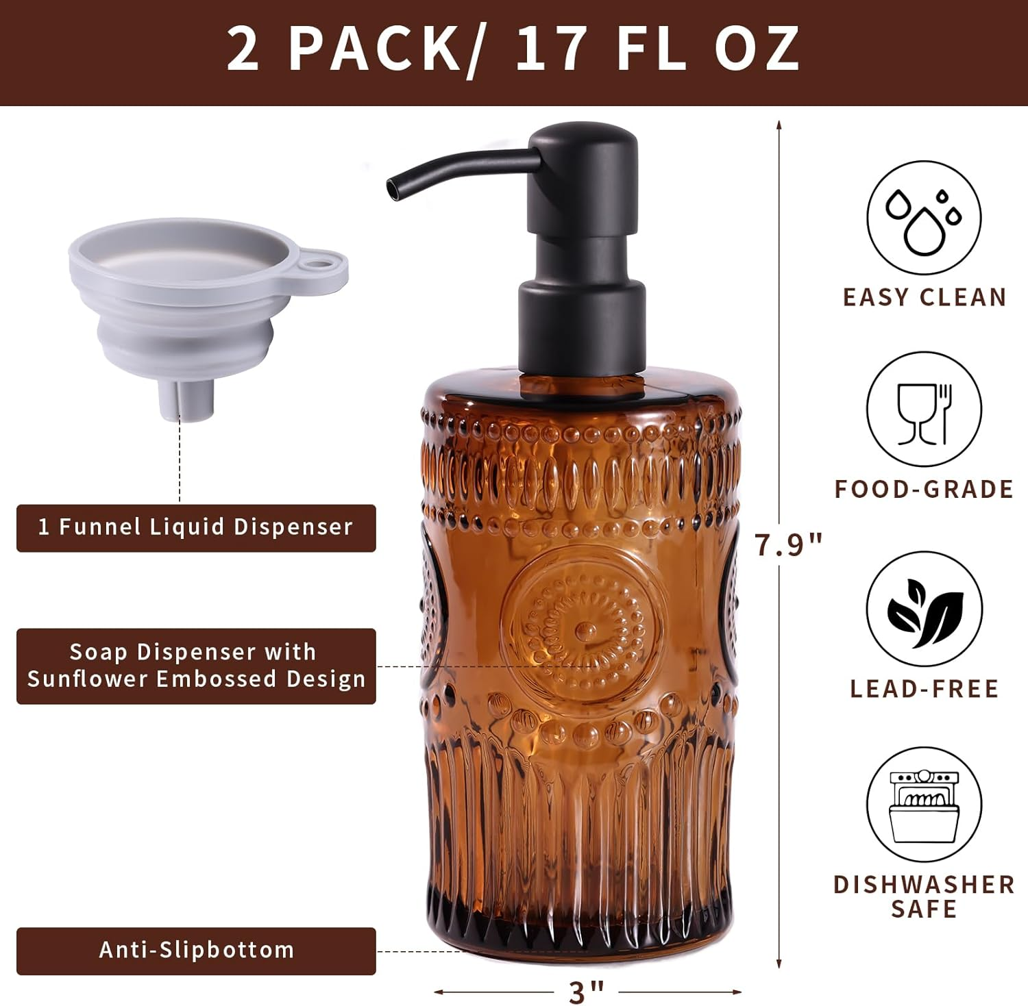 17 OZ Amber Glass Soap Dispenser with Black Stainless Steel Pump, Sunflower Embossed Glass Soap and Lotion Dispenser Set, Liquid Hand Soap Dispenser for Kitchen & Bathroom (2 Pack) - Green image number 3