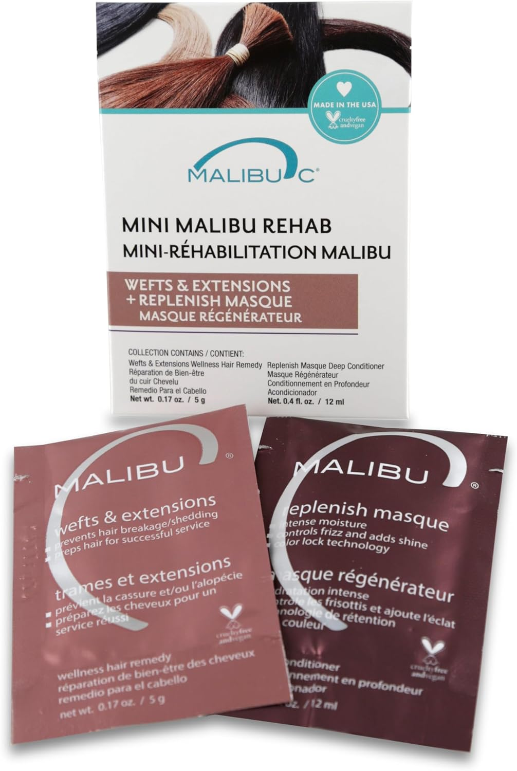 Malibu C Rehab Mini Weft and Extensions plus Replenish Masque Set (Pack of 12)