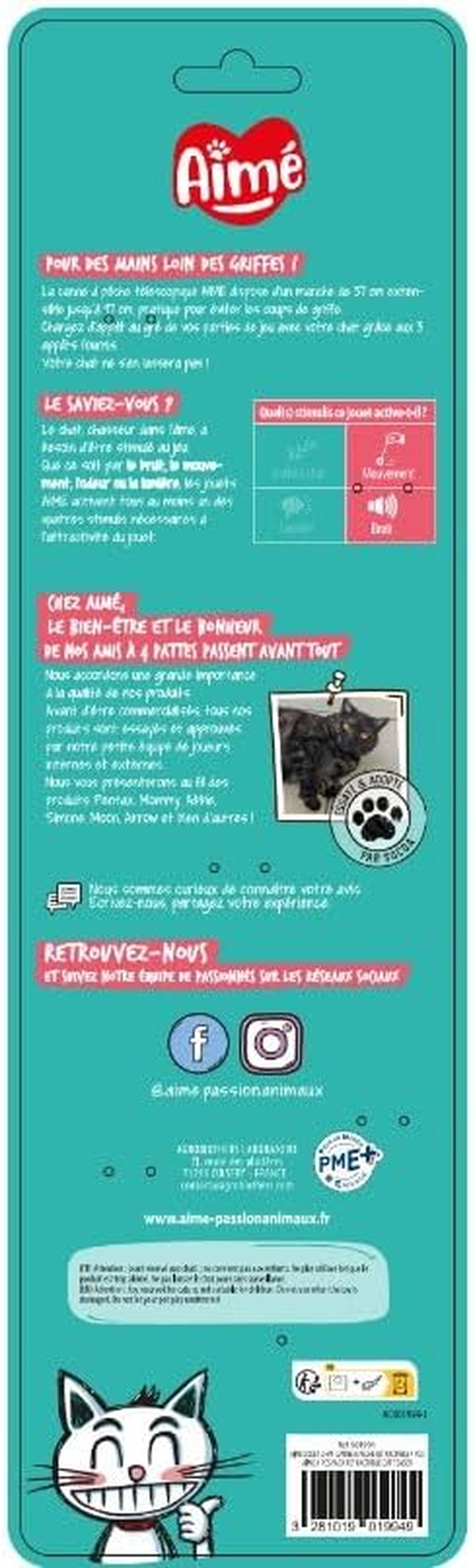 Aim&eacute; Kawaii Retractable Cat Toy Fishing Rod - Cat Game - Colorful, Crisp and Fun - Stimulates Movement and Noise - with Interchangeable Lures and Telescopic Handle