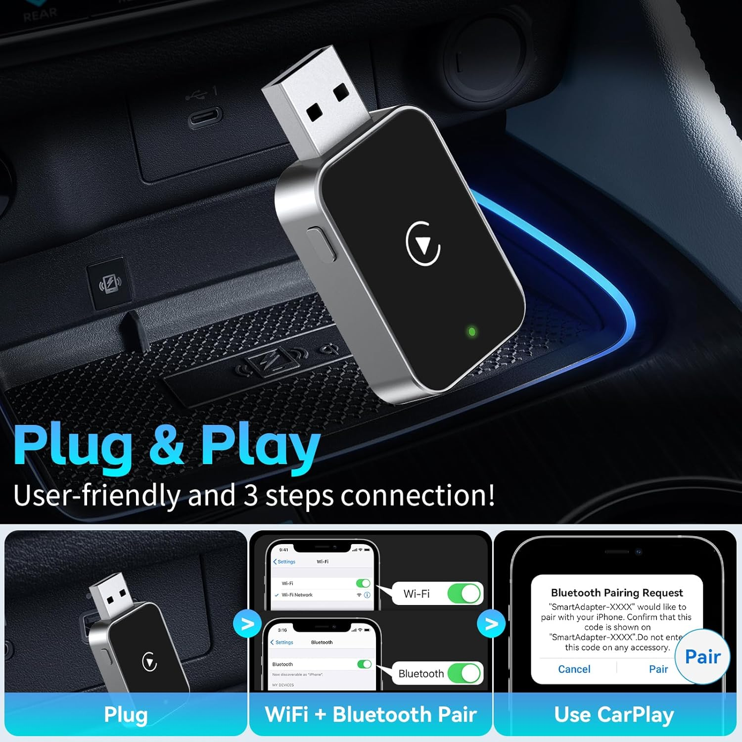 Wireless Carplay Adapter for Iphone,Convert Wired to Wireless Apple Carplay,Plug & Play, Fast Connection, Low Latency,Compatible with Iphone Ios 10+ & Cars 2016+ image number 4