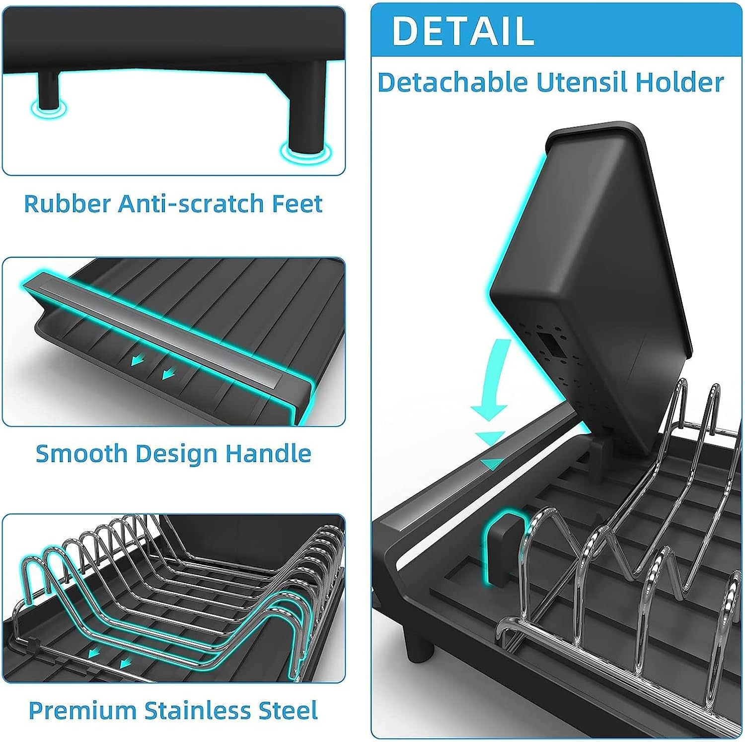 Bytebliss Dish Drying Rack, Expandable Dish Rack for Kitchen Counter with Utensil Holder, Stainless Steel Small Dish Drainer Organizer with Drainboard for Kitchen in Sink image number 3