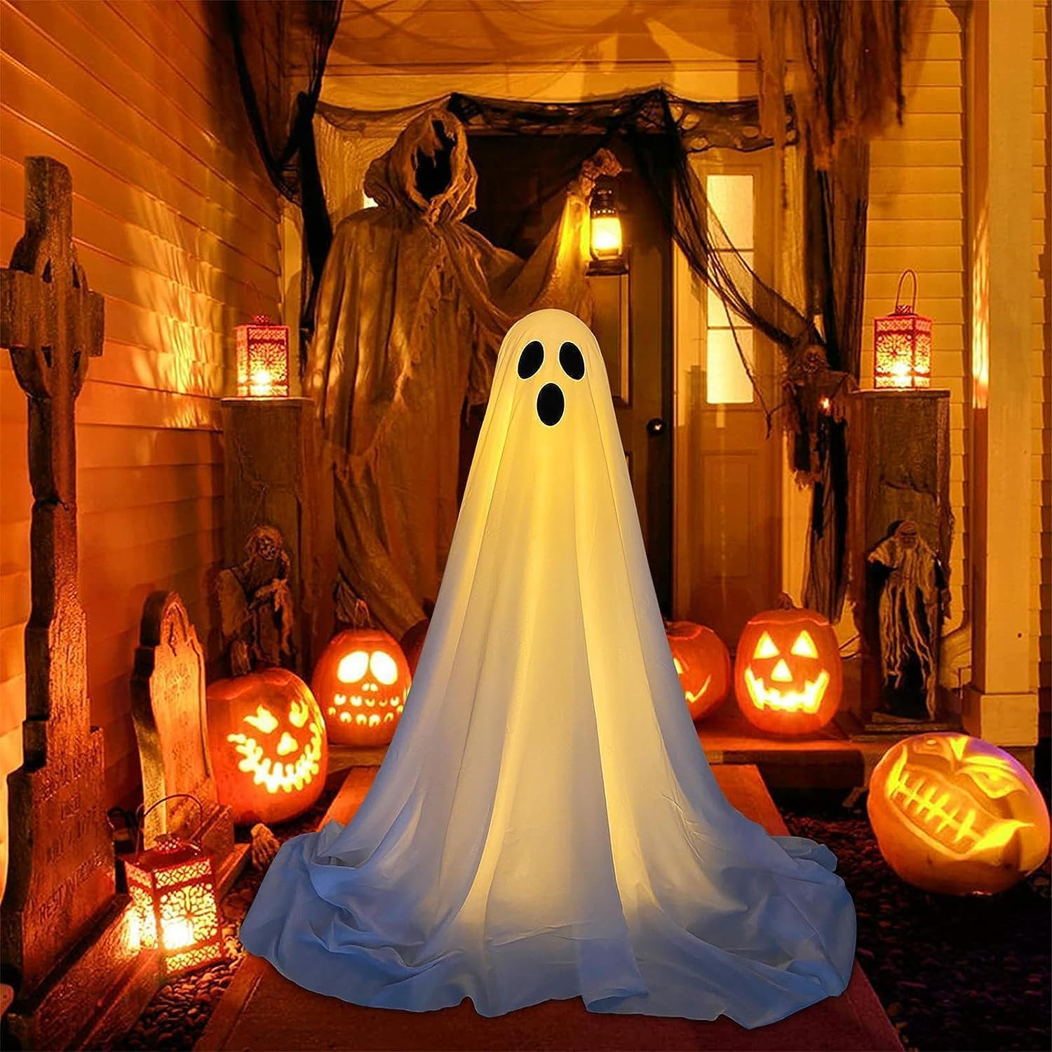 Spooky Ghost with Light | Halloween Decoration Large Cute Ghost with LED String Lights and Balloon | Halloween Outdoor Hanging Decorations for Garden, Porch, Yard, Balcony, Lawn, Patio, Front Door image number 6