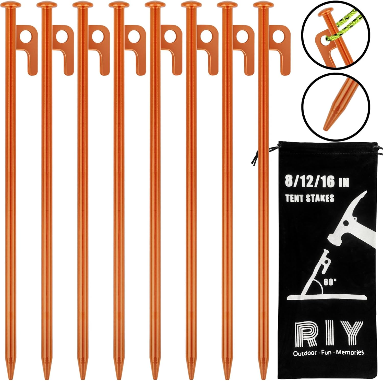 8 Pack Tent Stakes Heavy Duty 12 Inch Steel Tent Pegs for Camping Unbreakable and Inflexible-Orange